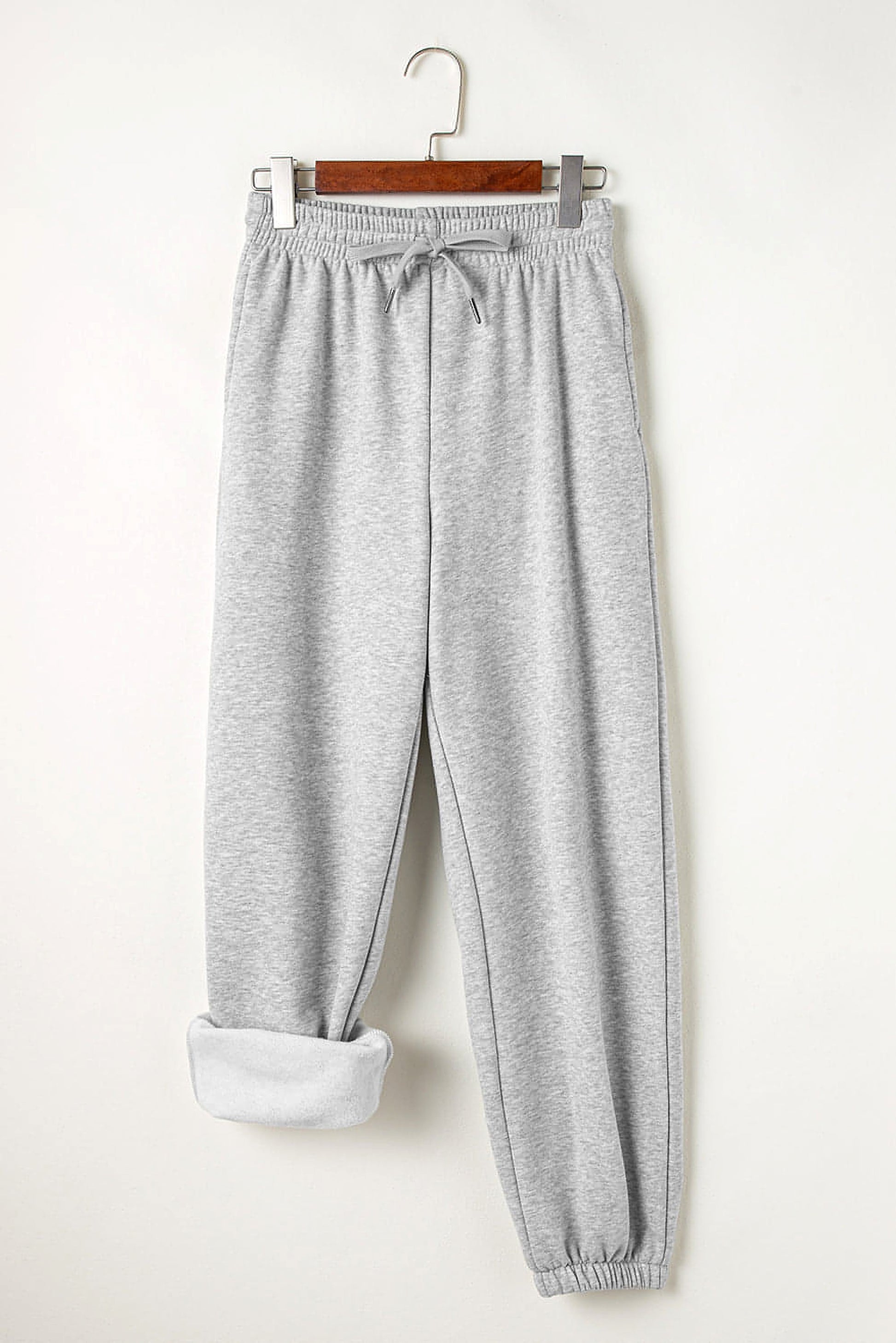 Light Grey Solid Color Fleece Lined Drawstring Waist Joggers - enhanced image 9