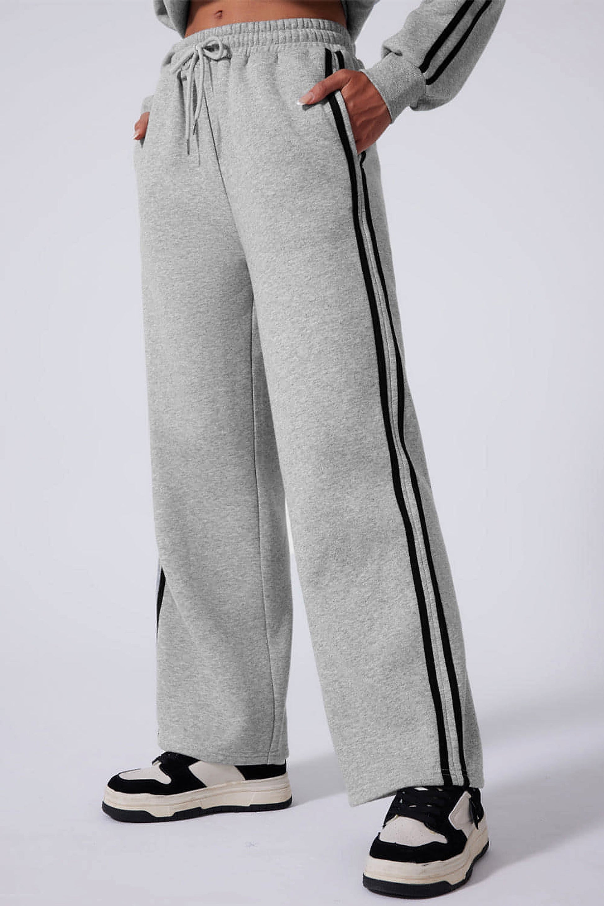 Light Grey Solid Color Side Striped Sweatshirt Active Set - enhanced image 9