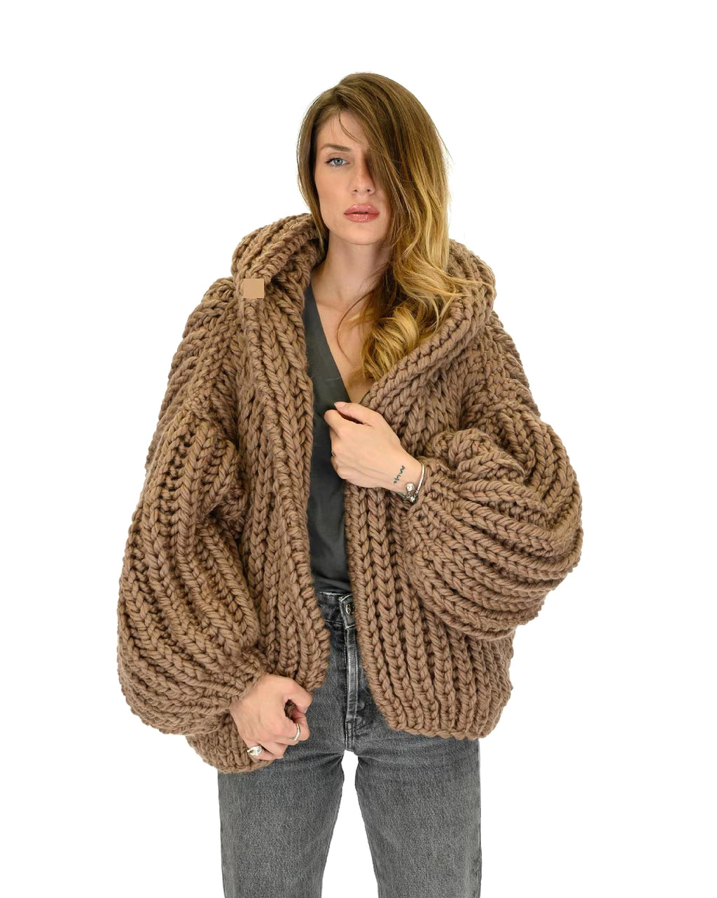 Loose And Hooded Cardigan Coat Handmade Knitting Needle Women's Knitted Sweater - enhanced image 9
