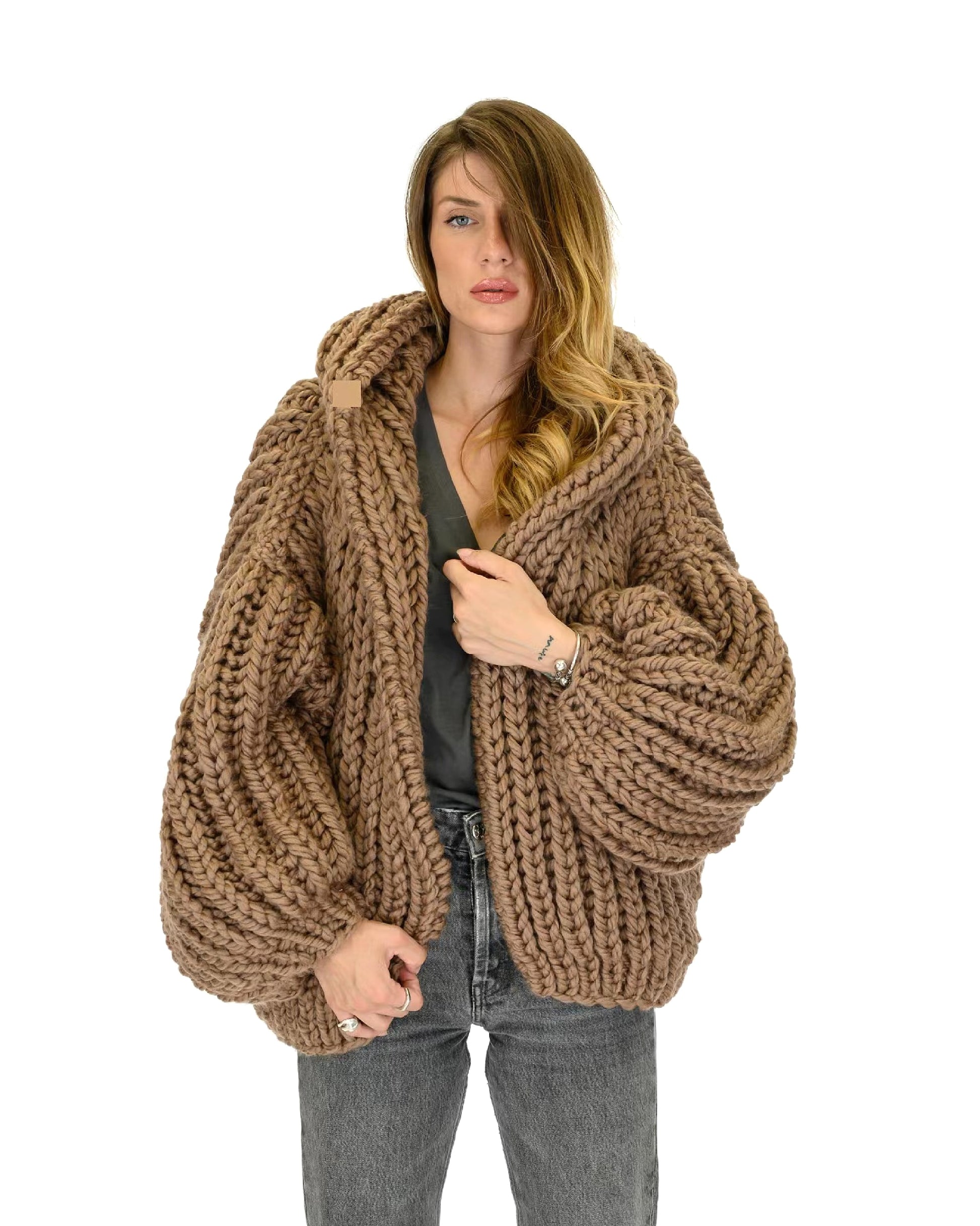 Loose And Hooded Cardigan Coat Handmade Knitting Needle Women's Knitted Sweater - enhanced image 9
