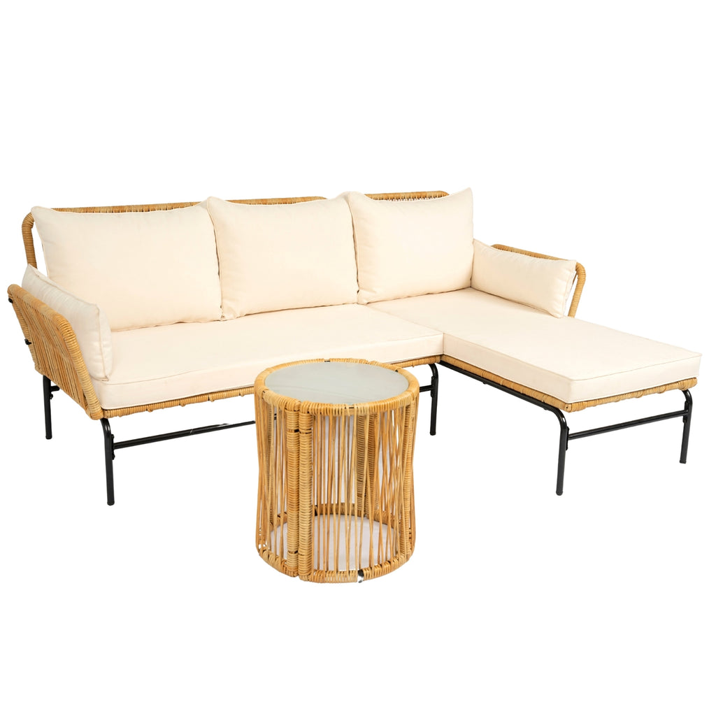 LuneluX_Home – 3-Piece Outdoor Patio Wicker Set with Thick Cushions (Light Yellow Wicker + Cream) - enhanced image 9