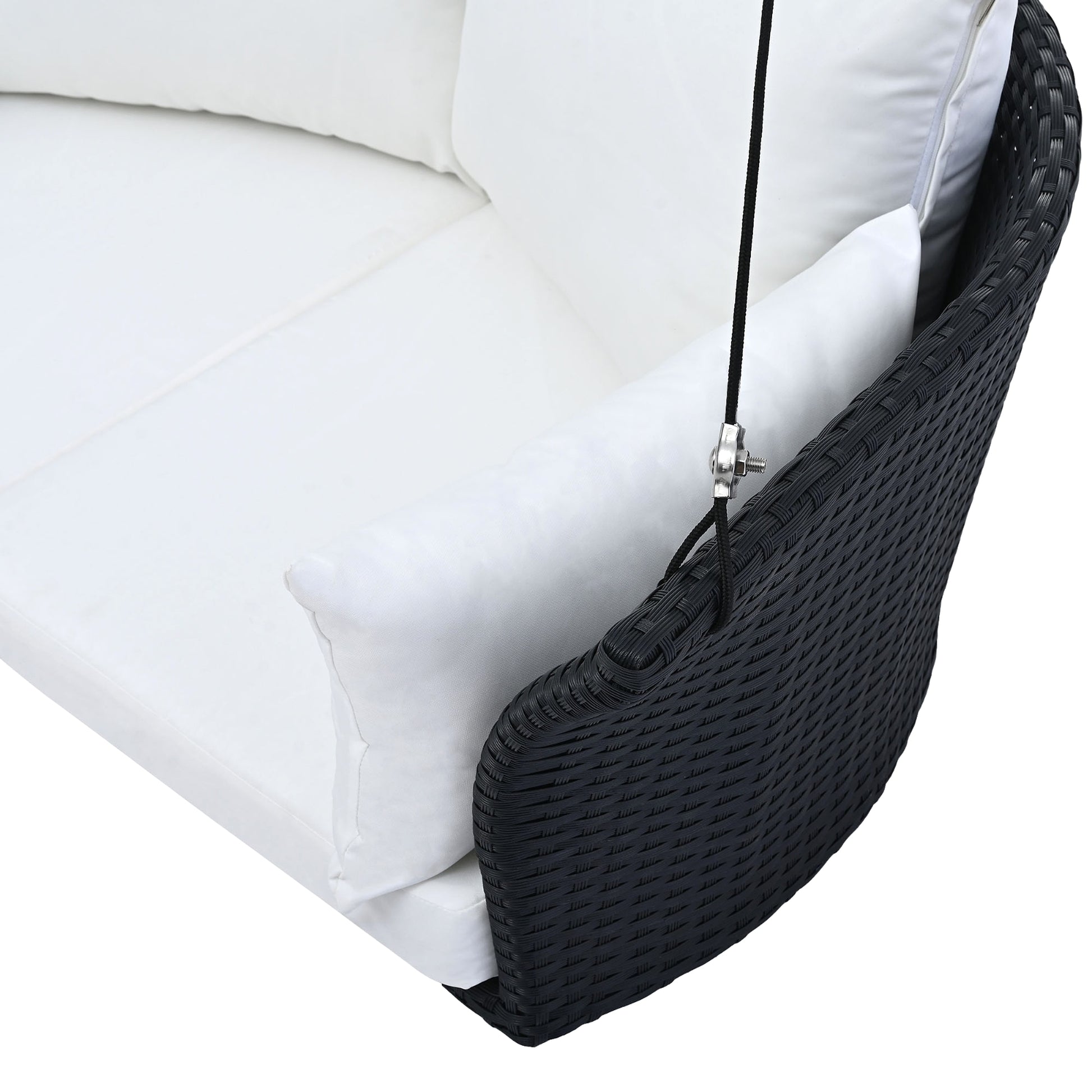 LuneluX_Home – Hanging Rattan Porch Swing for 2 (Black Wicker + White Cushions) - enhanced image 9