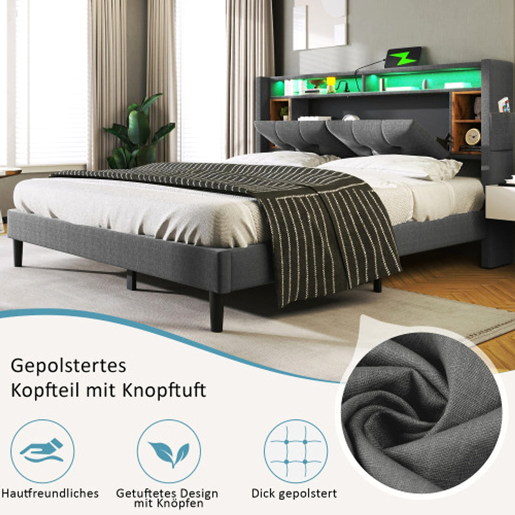 LuneluX_Home – Solid Wood Storage Bed with USB Charging Ports & LED Light (160×200 cm, Gray) - enhanced image 9