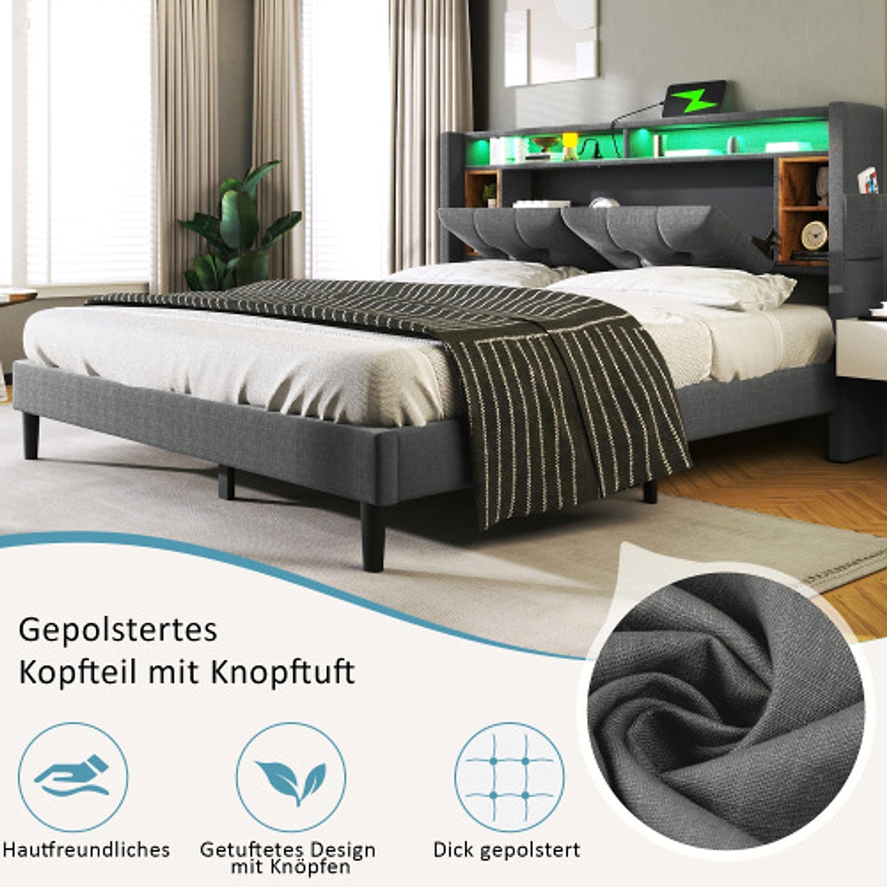 LuneluX_Home – Solid Wood Storage Bed with USB Charging Ports & LED Light (160×200 cm, Gray) - enhanced image 9