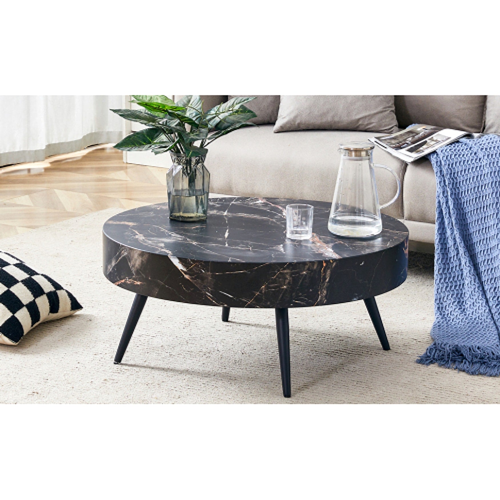 LuxeHome™ – 31.5" Black Marble Round Coffee Table with Adjustable Metal Legs (US Warehouse) - enhanced image 9