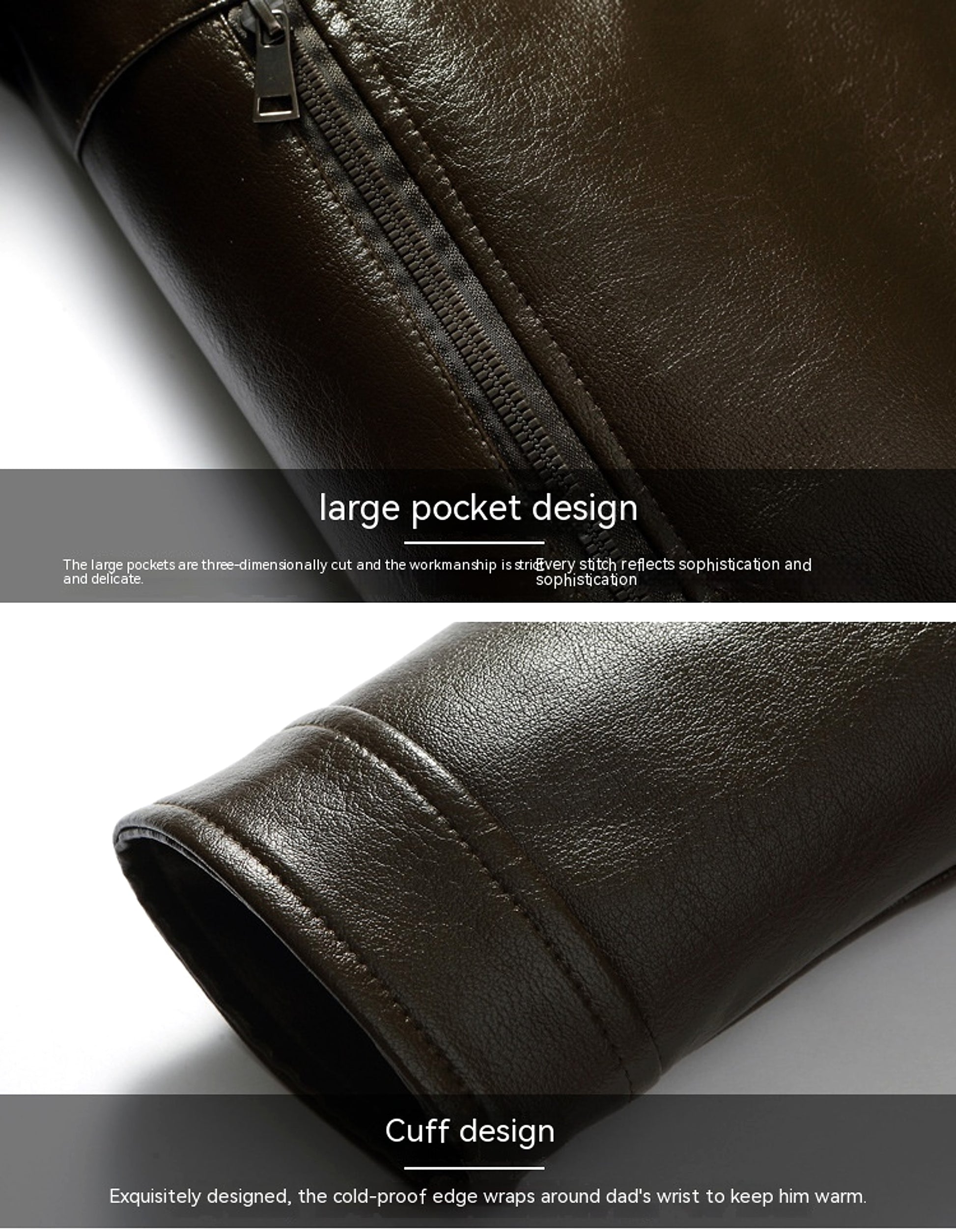 Men's Fashion Casual Polo Collar Fleece-lined Thickened Leather Jacket Coat - enhanced image 9