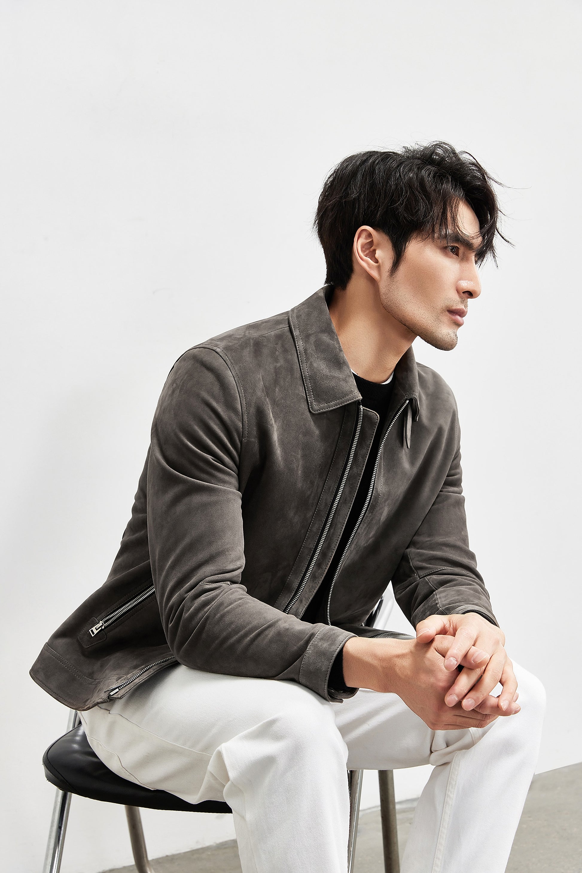 A1. Men's Lambskin Suede Lapel Biker's Leather Jacket - enhanced image 9