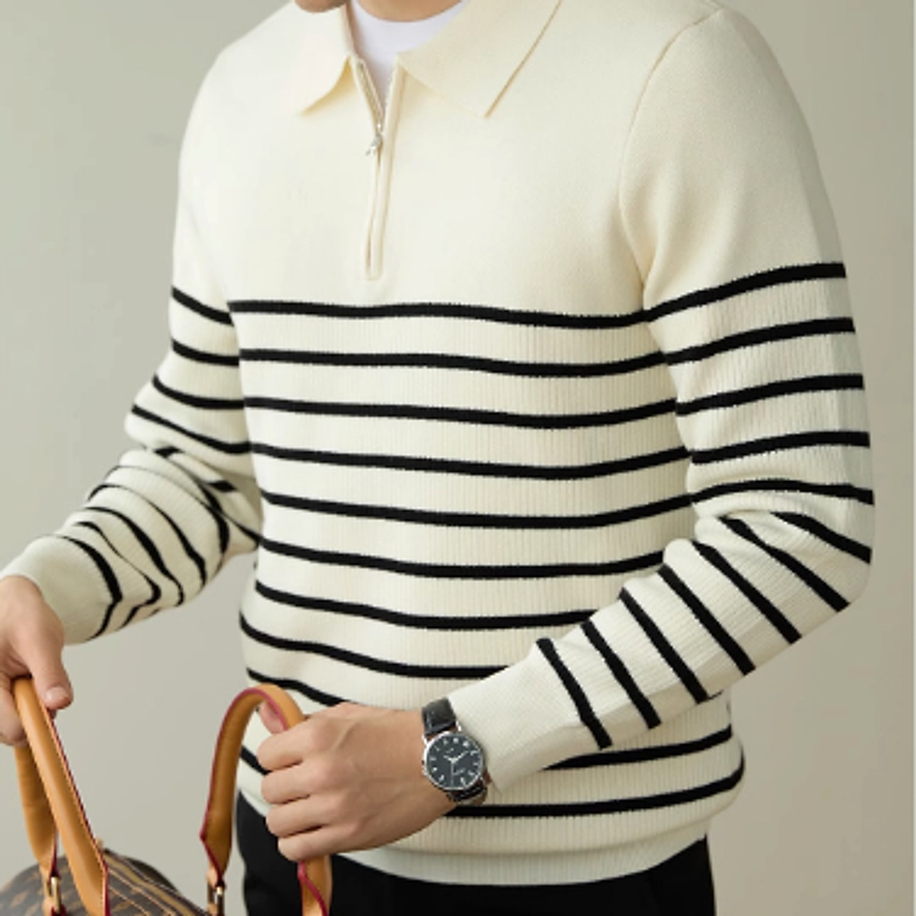 Men's Spring And Autumn New Half Zipper Striped Business Casual Sweater - enhanced image 9
