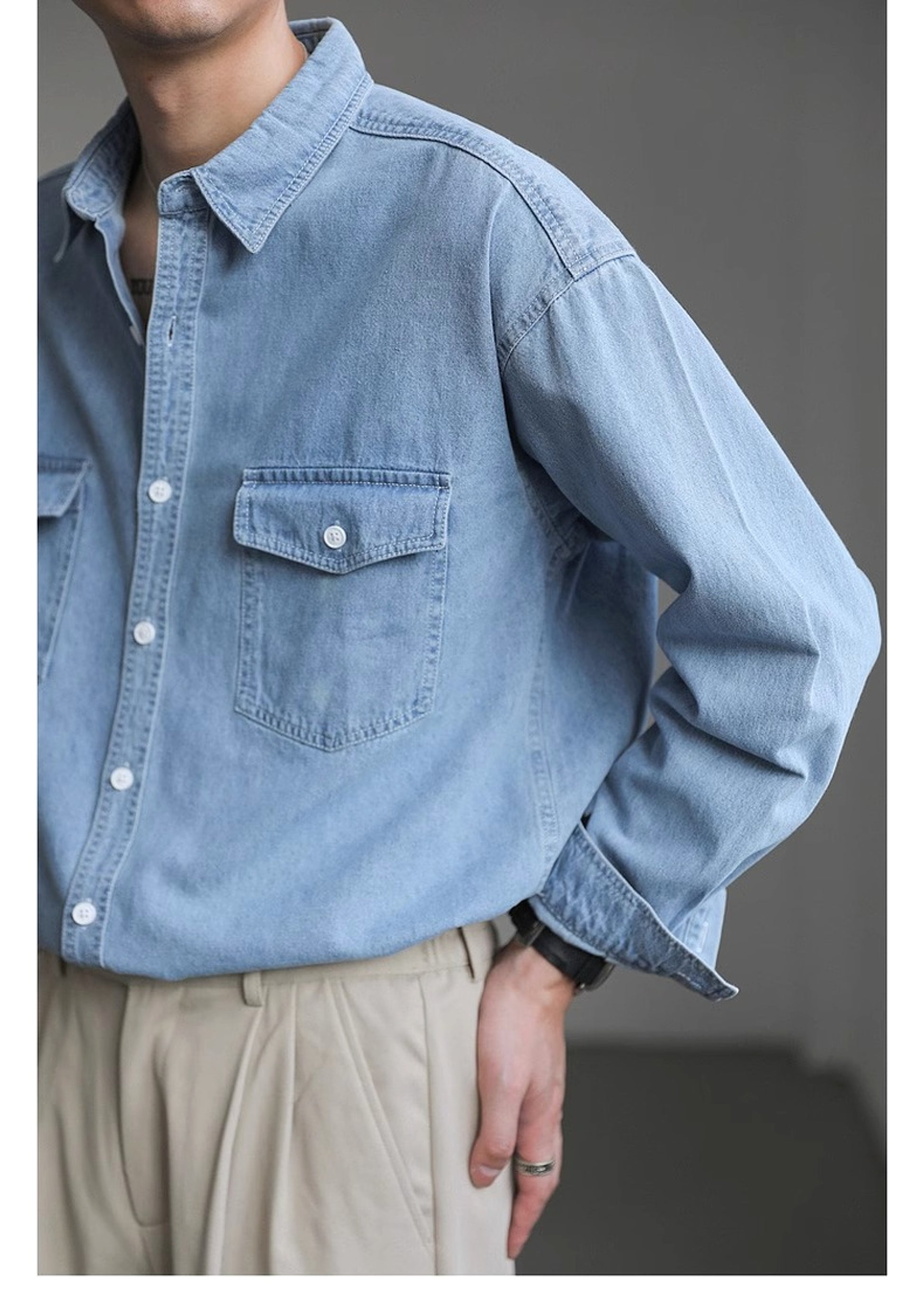 Minority Simple Long Sleeve Denim DressShirt Men's Loose - enhanced image 9