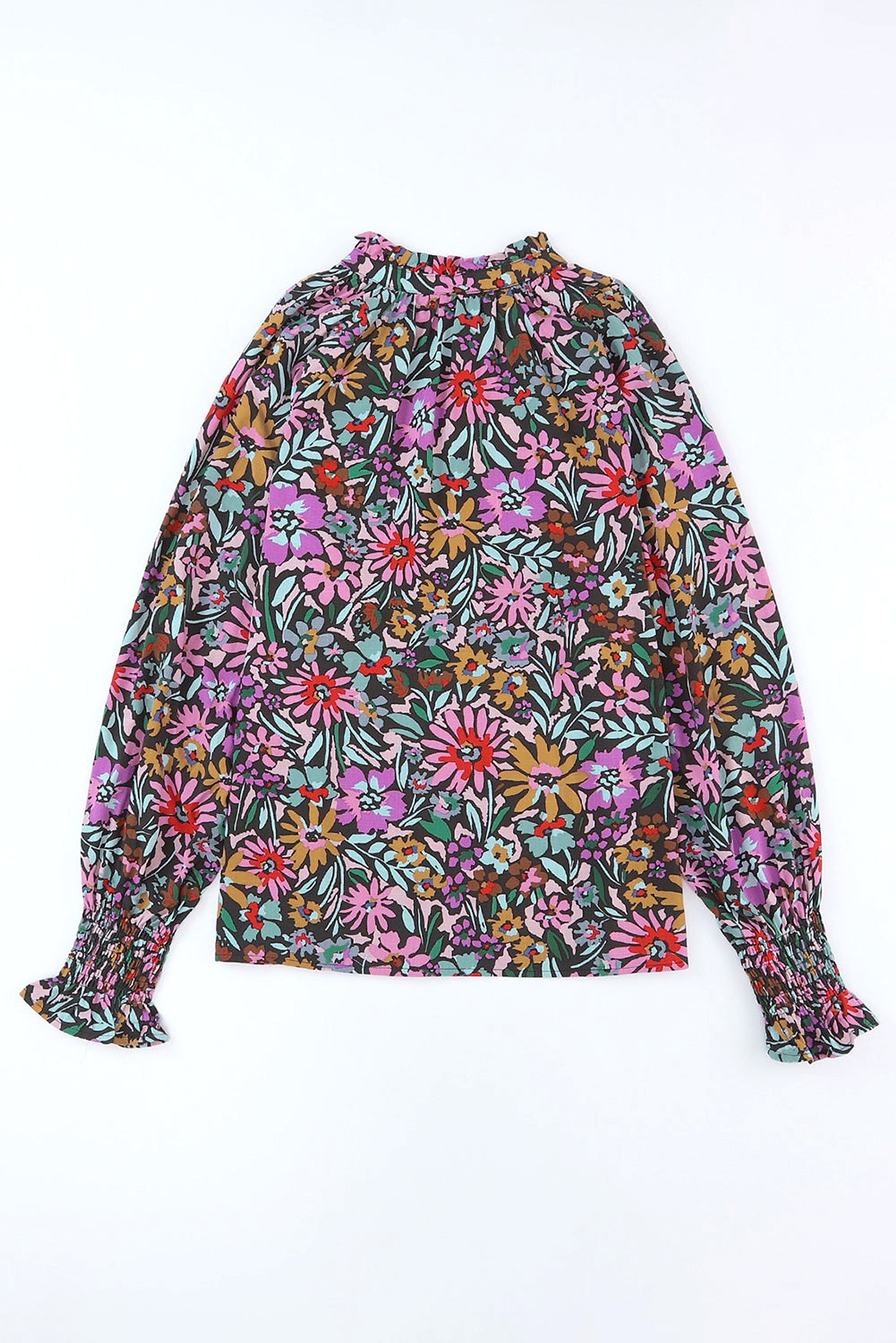 Multicolor Floral Print Ruffled Long Sleeve V-Neck Blouse - enhanced image 9