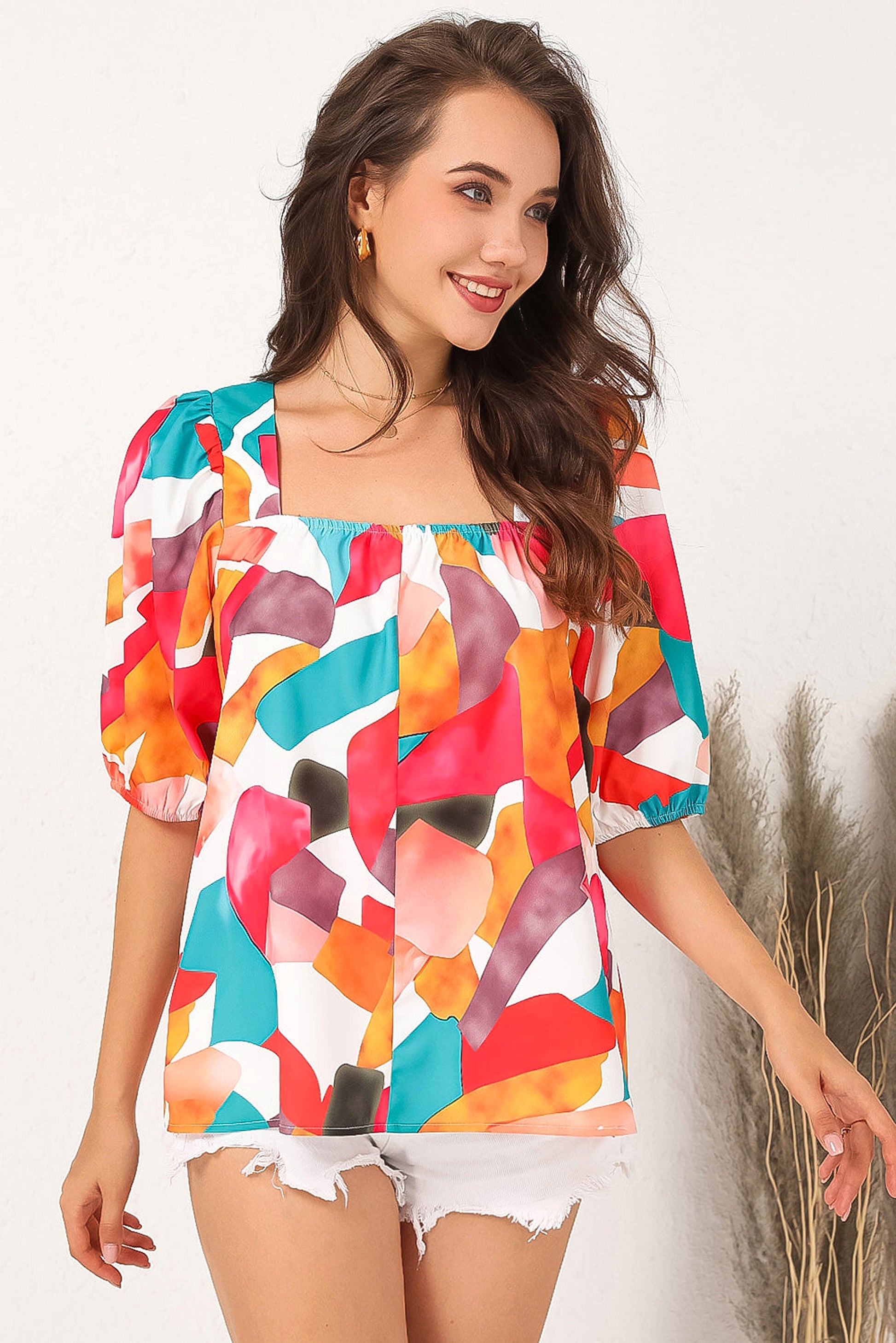 Multicolor Square Neck Abstract Print Short Sleeve Blouse - enhanced image 9