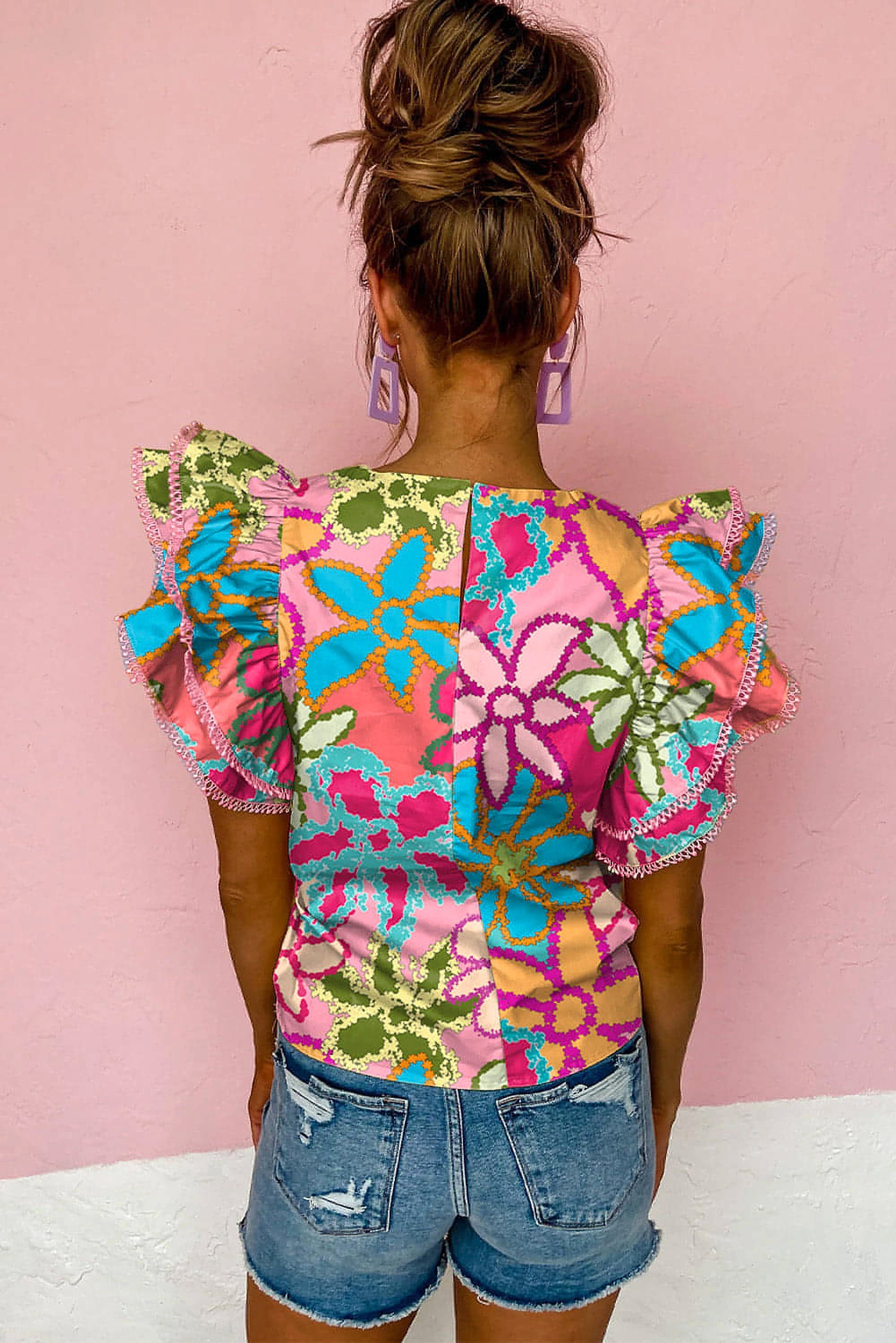 Multicolor Vibrant Floral Print Trimmed Ruffle Sleeve Blouse Sto - enhanced image 9