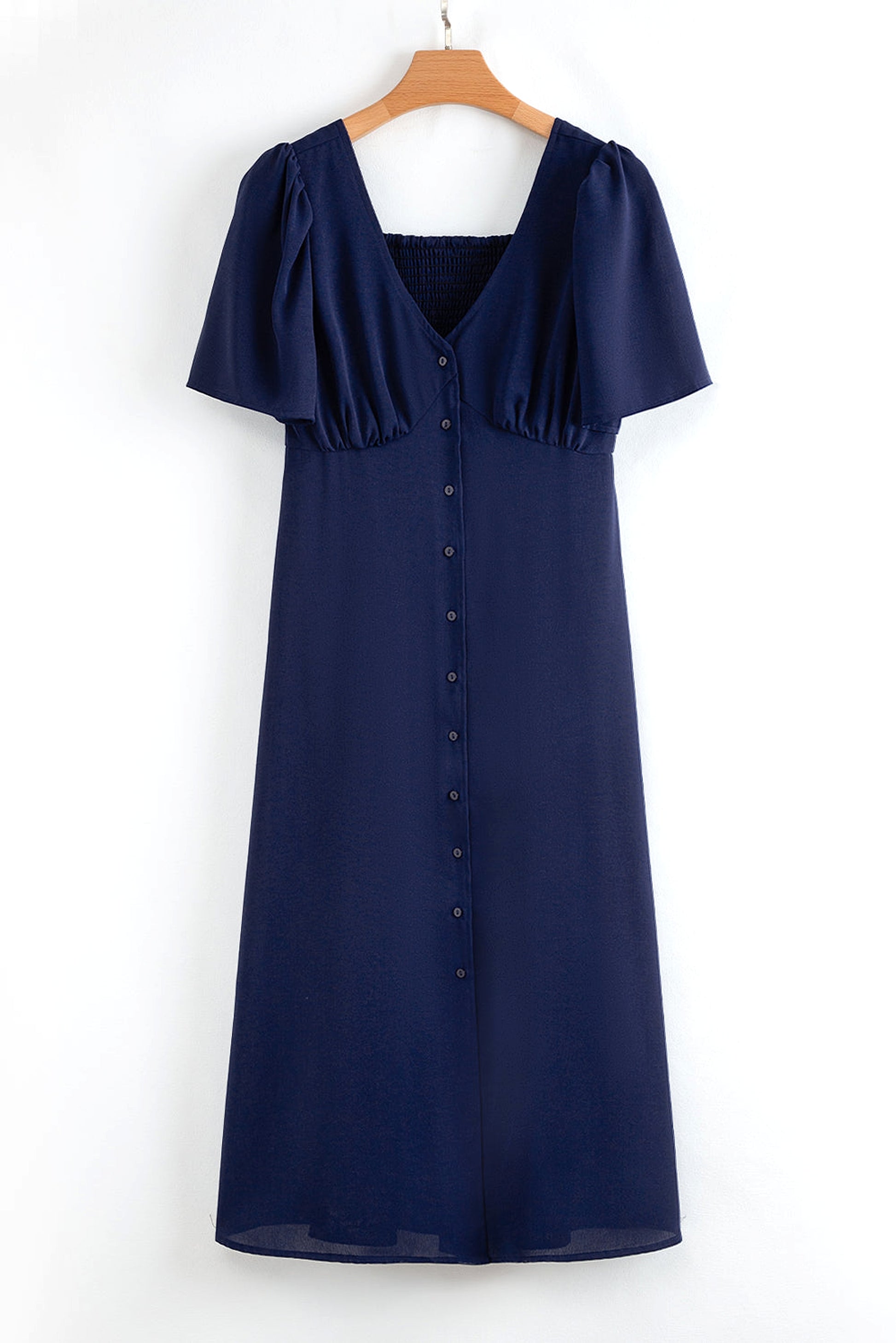 Navy Blue V Neck Buttoned Front Shirred Back Short Sleeve Midi Dress - enhanced image 9