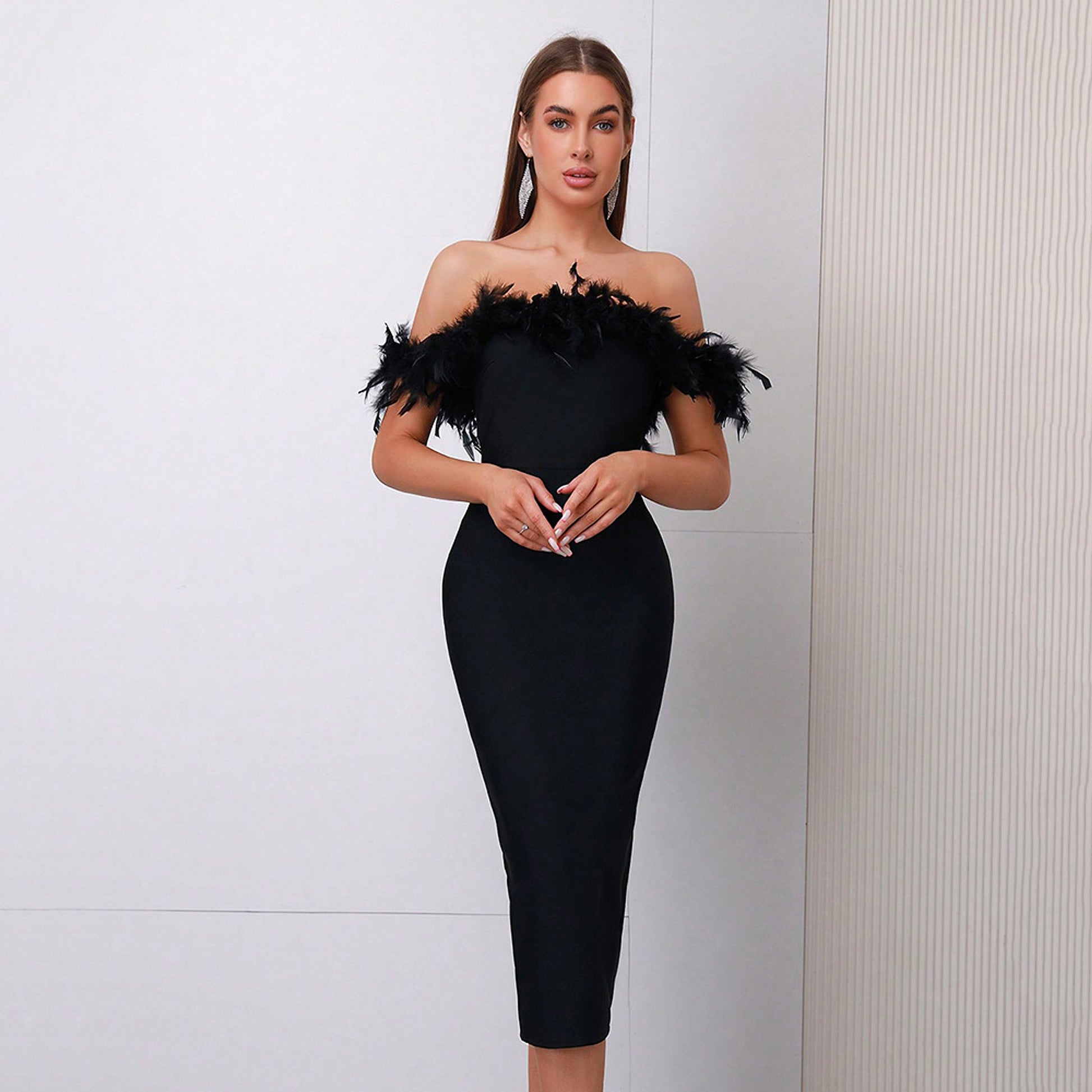 Off-neck Feather Women's Dress - enhanced image 9