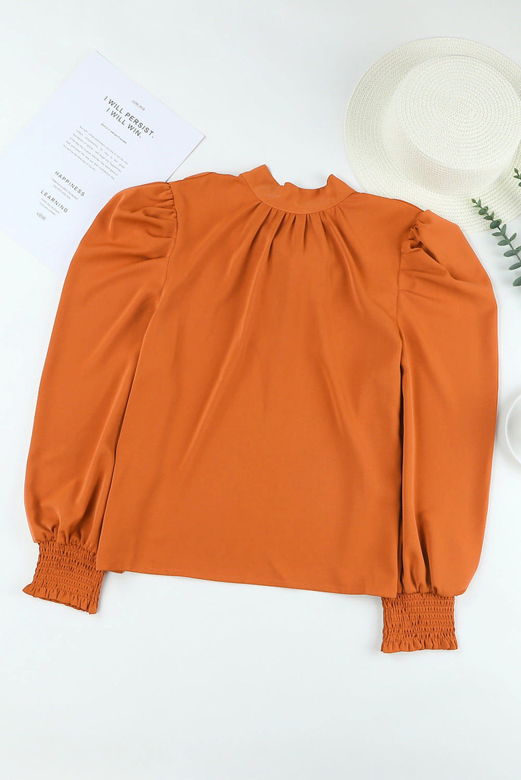 Orange Long Bubble Sleeve Mock Neck Chiffon Blouse - enhanced image 9