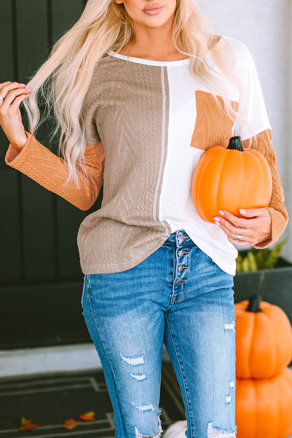 Orange Long Sleeve Colorblock Chest Pocket Textured Knit Top - enhanced image 9