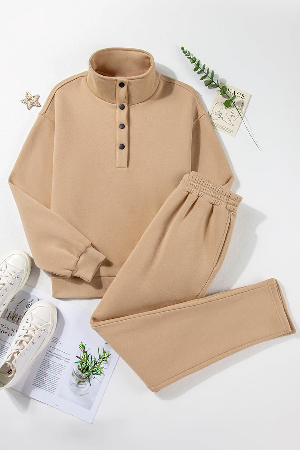 Parchment Solid Half Button Sweatshirt and High Waist Sweatpants Set - enhanced image 9