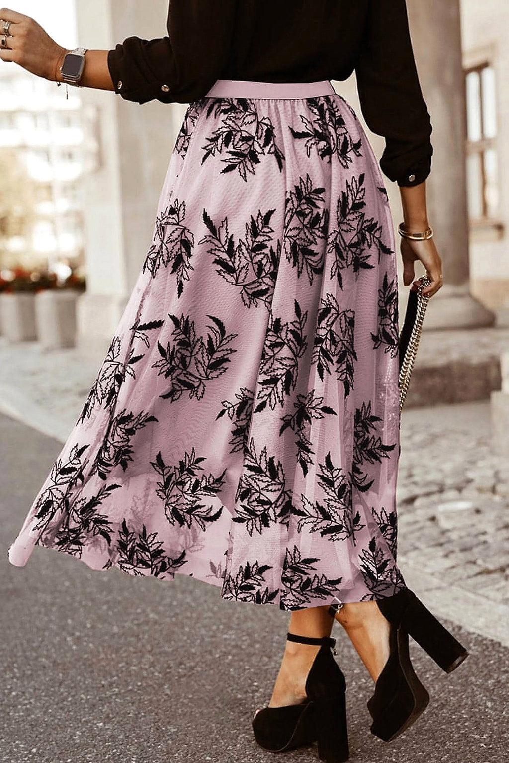 Peach Blossom Floral Leaves Embroidered High Waist Maxi Skirt - enhanced image 9