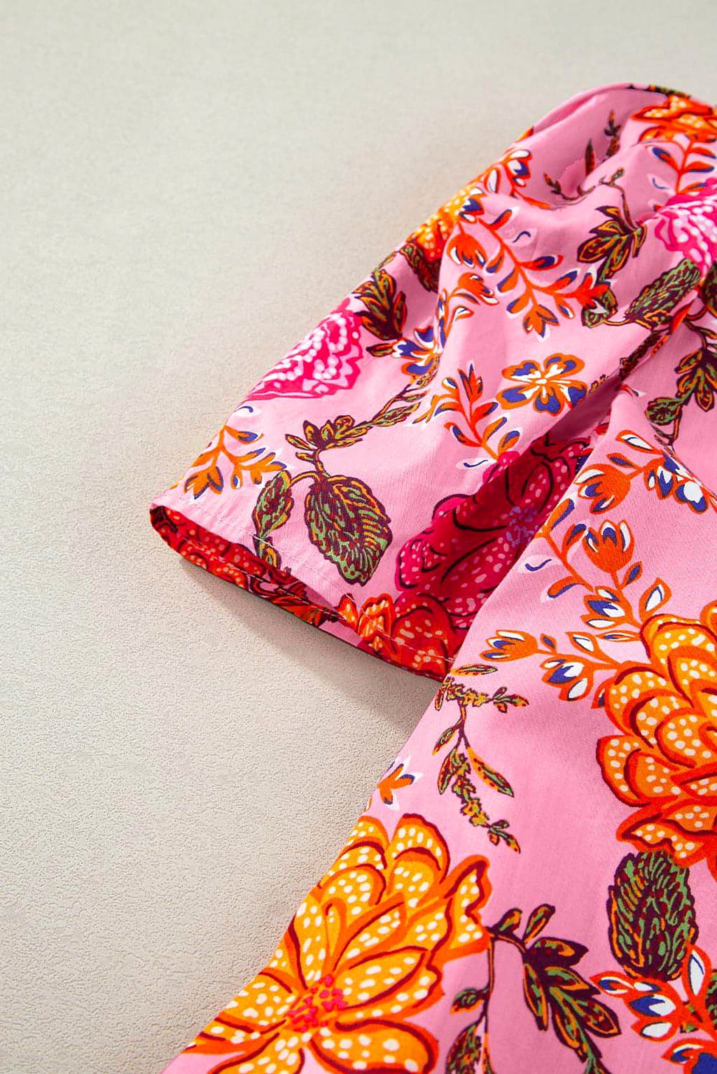 Pink Floral Bubble Sleeve V Neck Ruffled Mini Dress - enhanced image 9