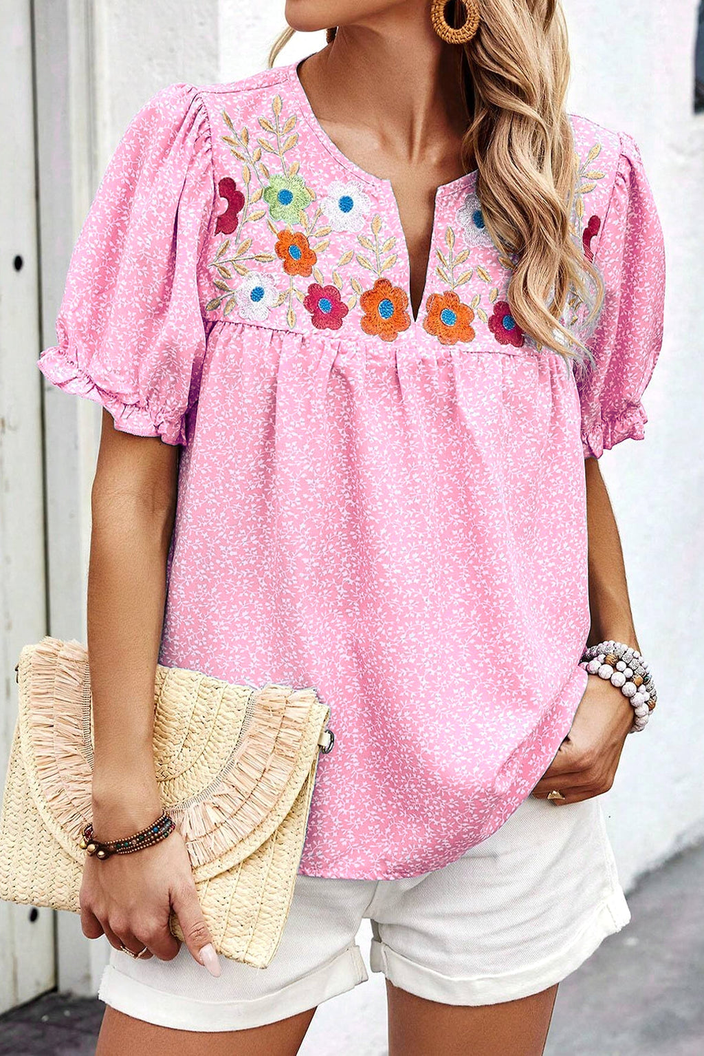 Pink Floral Embroidered Puff Sleeve Notched V Neck Blouse - enhanced image 9