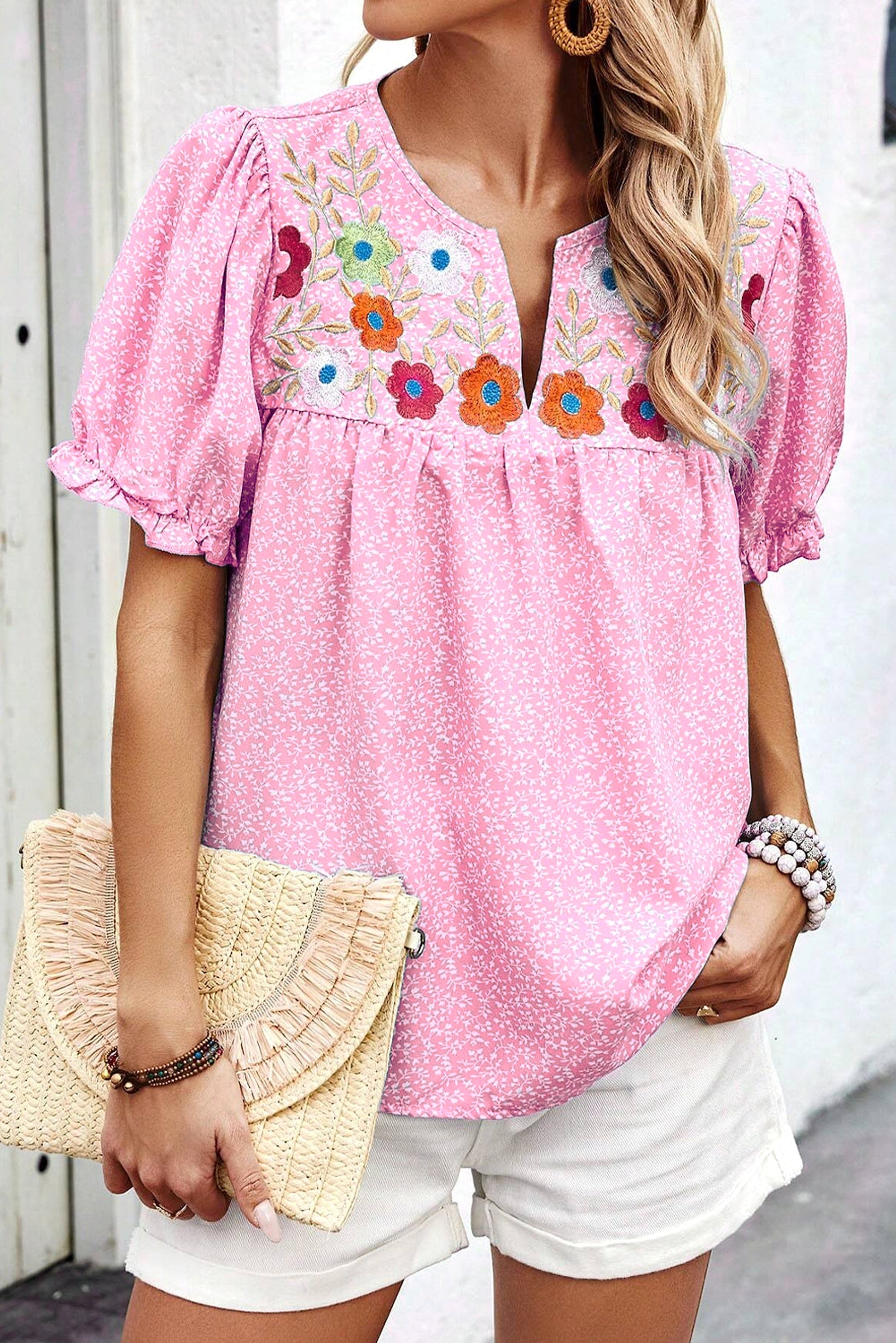 Pink Floral Embroidered Puff Sleeve Notched V Neck Blouse - enhanced image 9