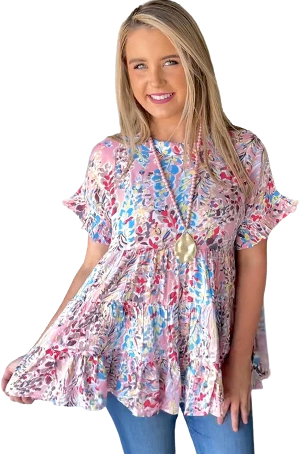 Pink Floral Print Ruffle Sleeve Babydoll Top - enhanced image 9