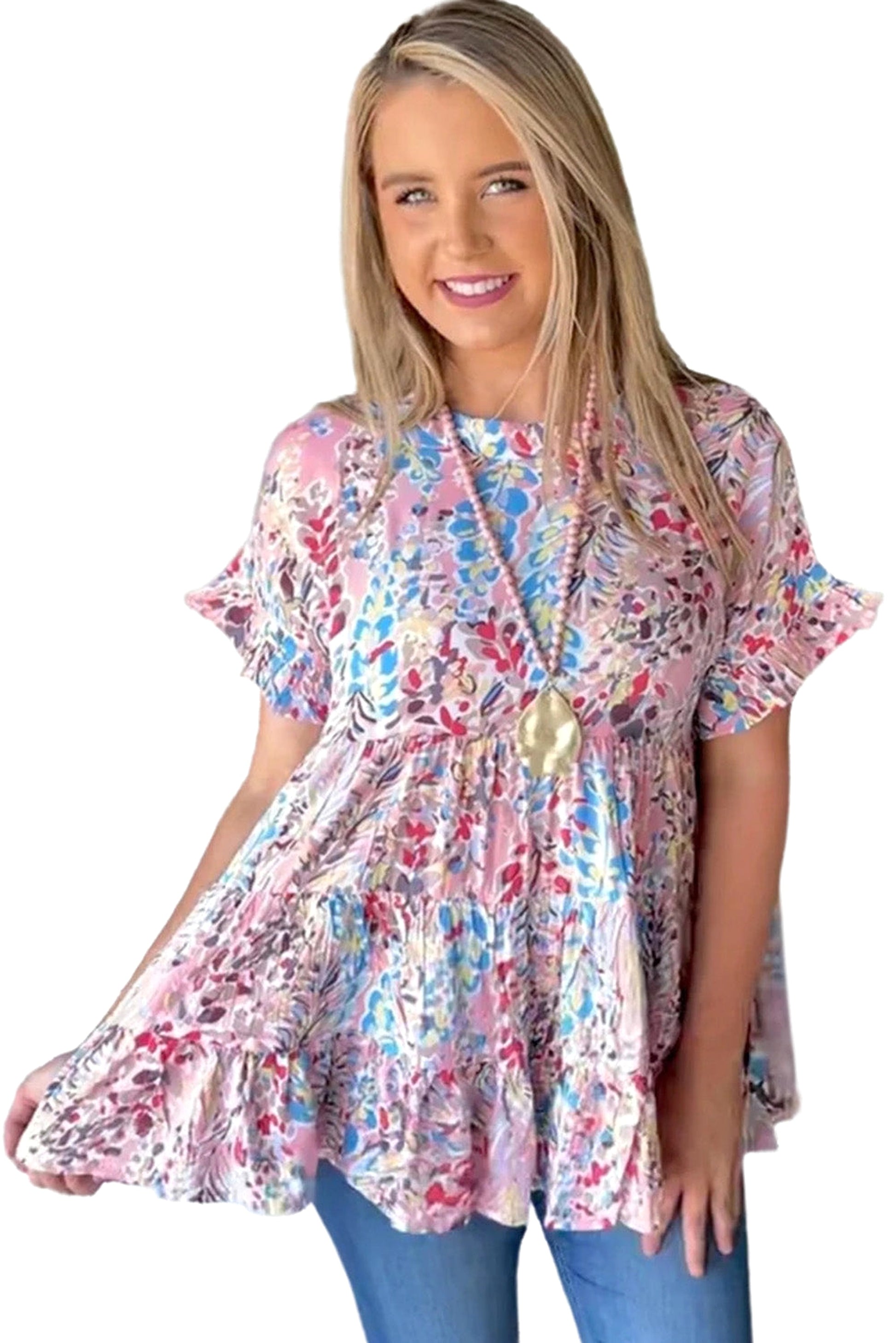 Pink Floral Print Ruffle Sleeve Babydoll Top - enhanced image 9
