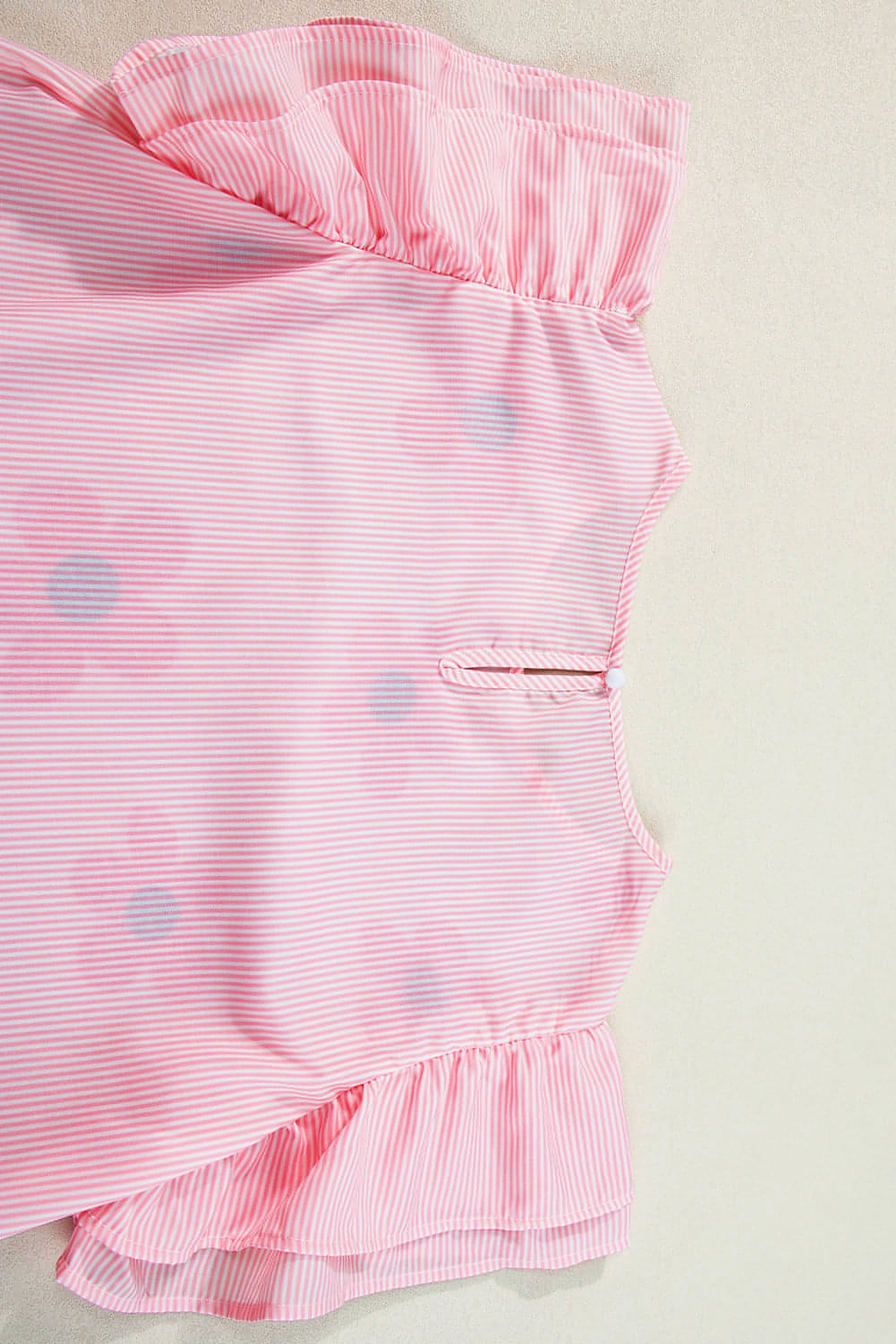 Pink Pinstripe Floral Print Ruffled Flutter Sleeve Blouse - enhanced image 9
