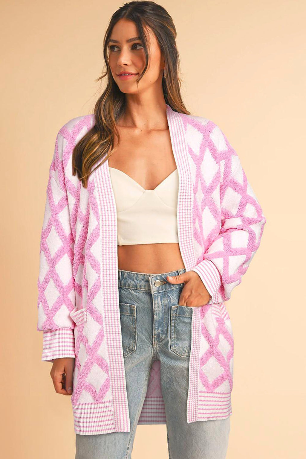 Pink Rhombus Pattern Knit Open Front Pocketed Cardigans - enhanced image 9