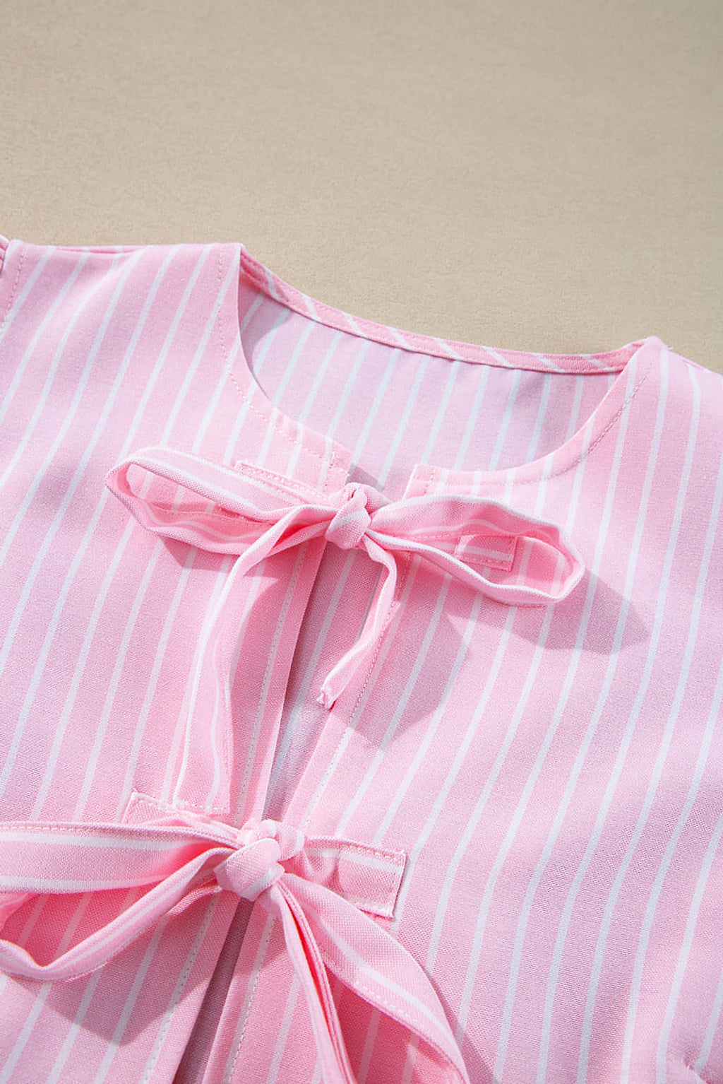 Pink Stripe Bowknot Front Crew Neck Puff Sleeve Blouse - enhanced image 9
