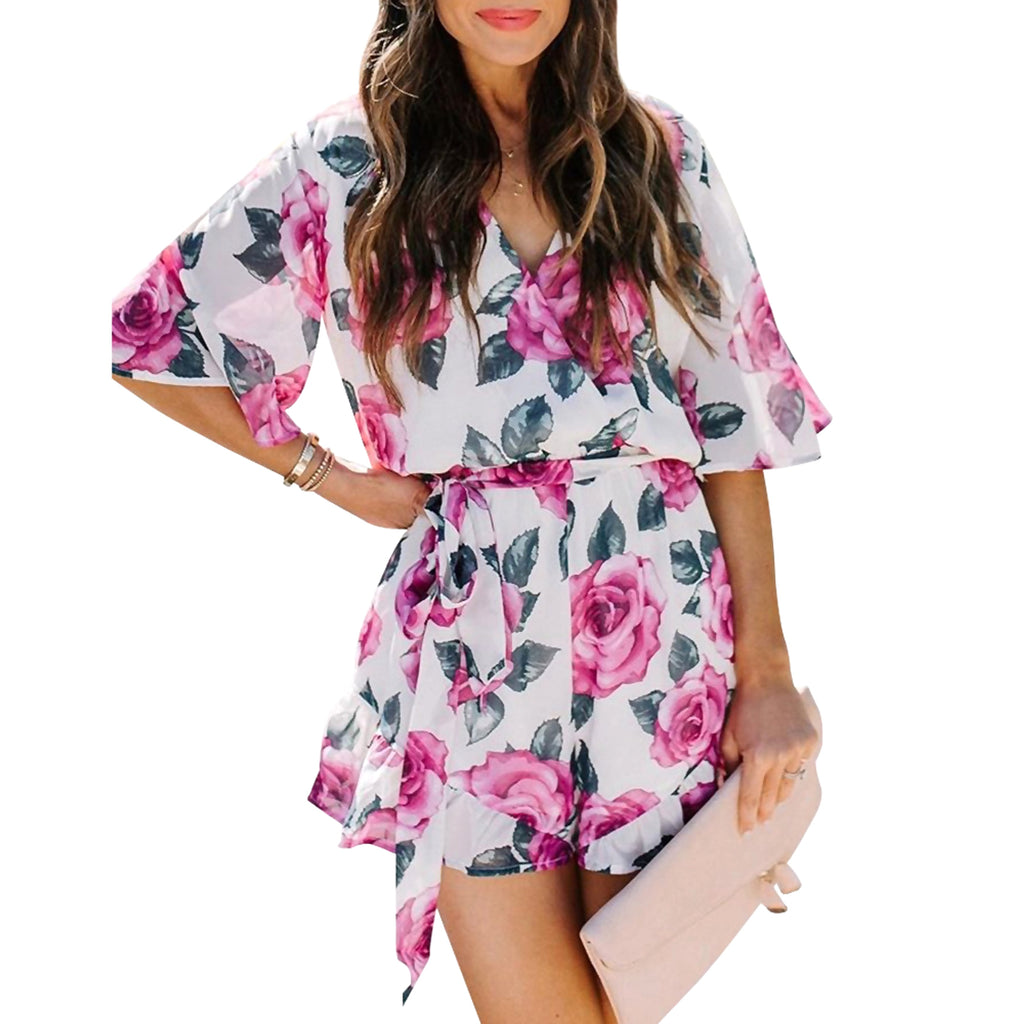 Printed Flared Short-Sleeved Lace-Up Jumpsuit Skirt - enhanced image 9
