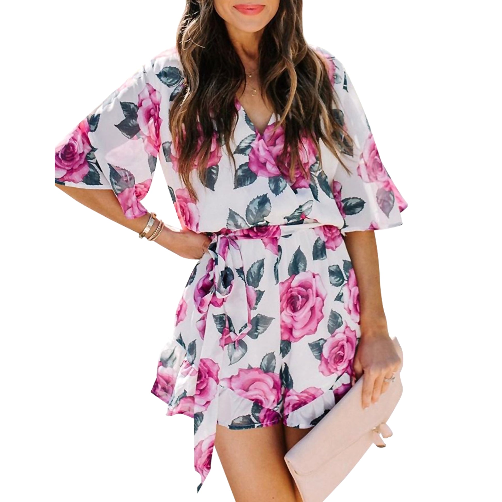 Printed Flared Short-Sleeved Lace-Up Jumpsuit Skirt - enhanced image 9