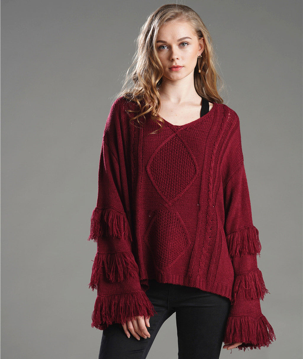 Pullover Loose Sweater Women Tassel Pure Color - enhanced image 9