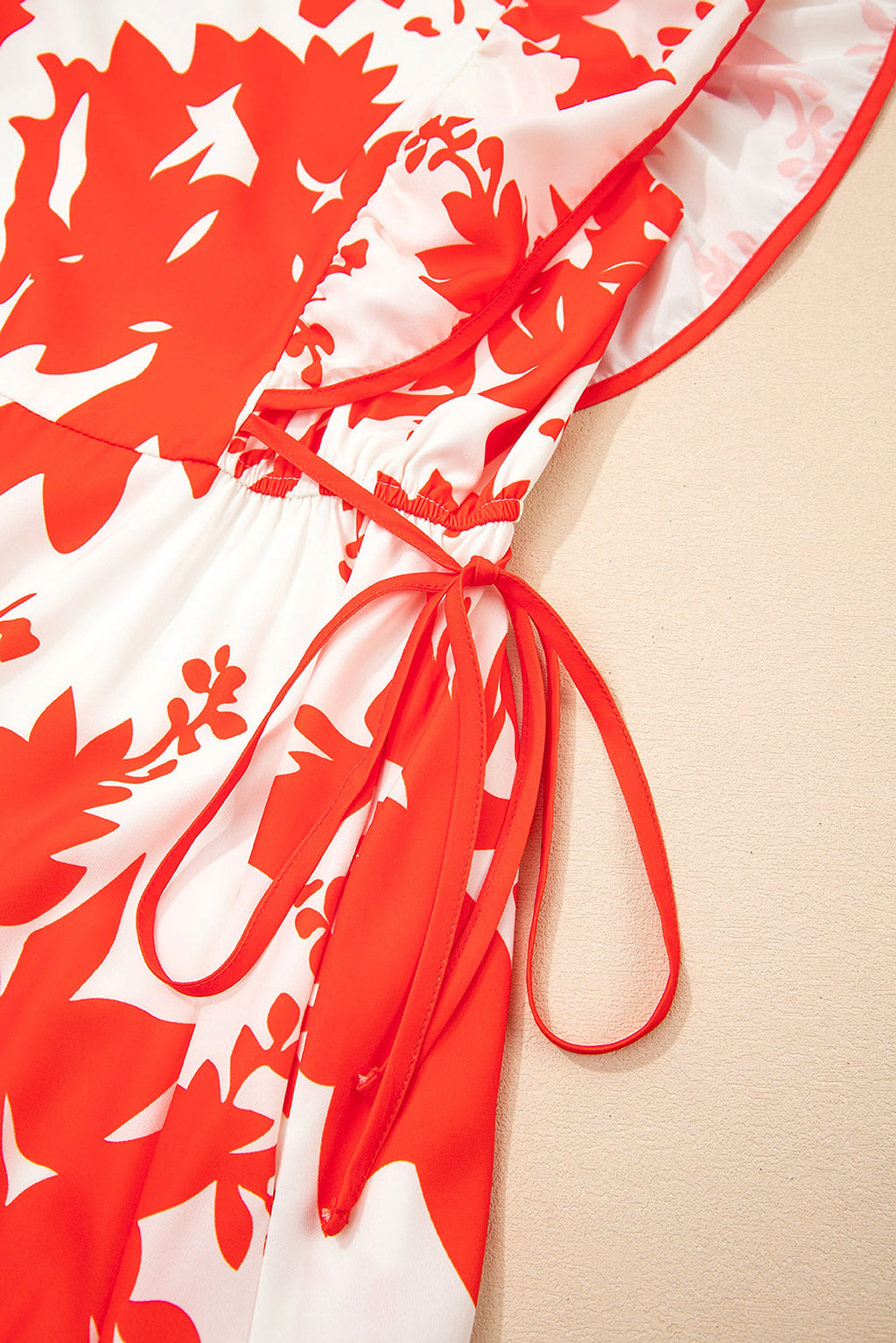 Red Floral Print Trimmed V Neck Ruffle Sleeve Long Dress - enhanced image 9