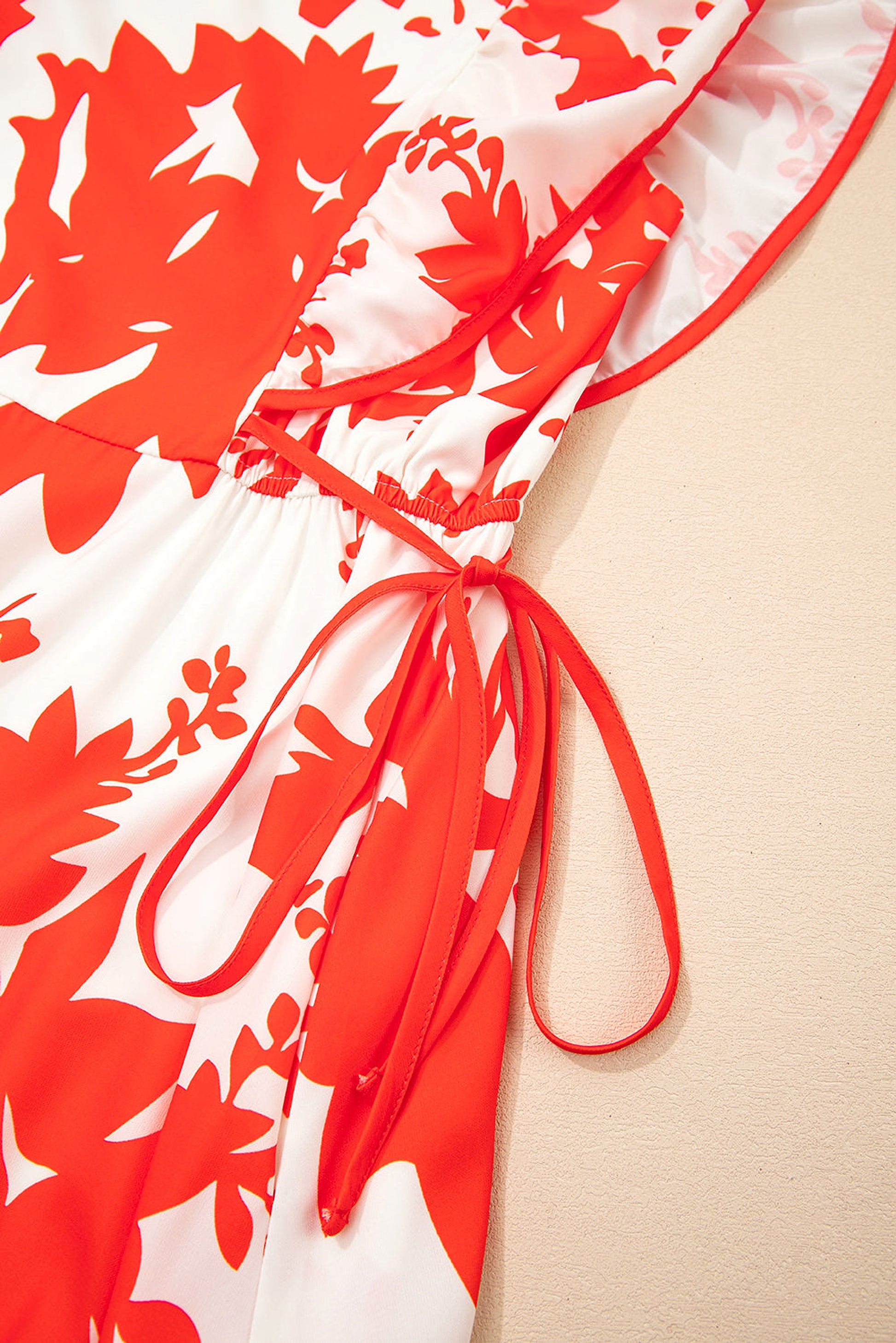 Red Floral Print Trimmed V Neck Ruffle Sleeve Long Dress - enhanced image 9