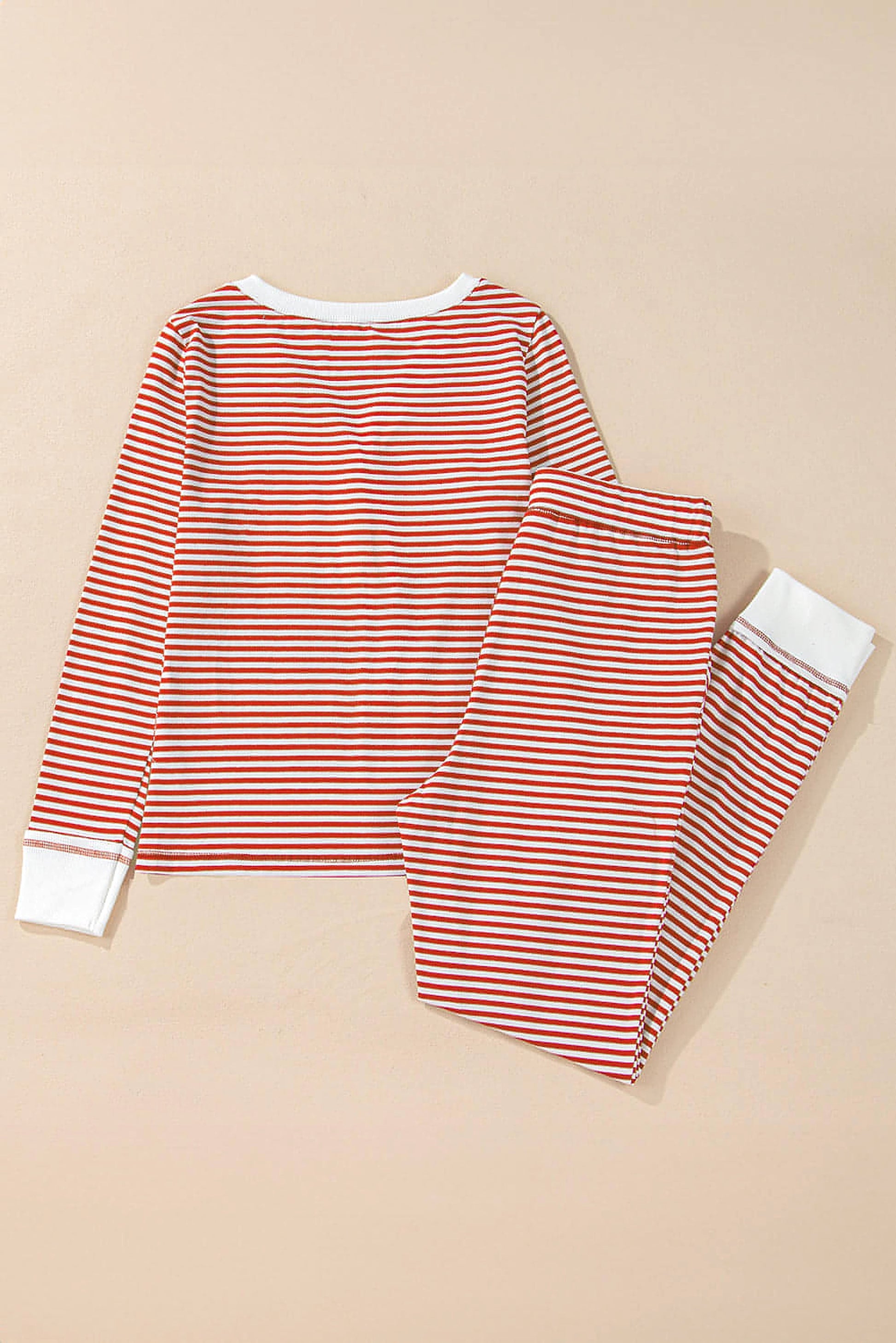 Red Stripe Buttoned V Neck Top and Knotted Waist Pants Lounge Set - enhanced image 9