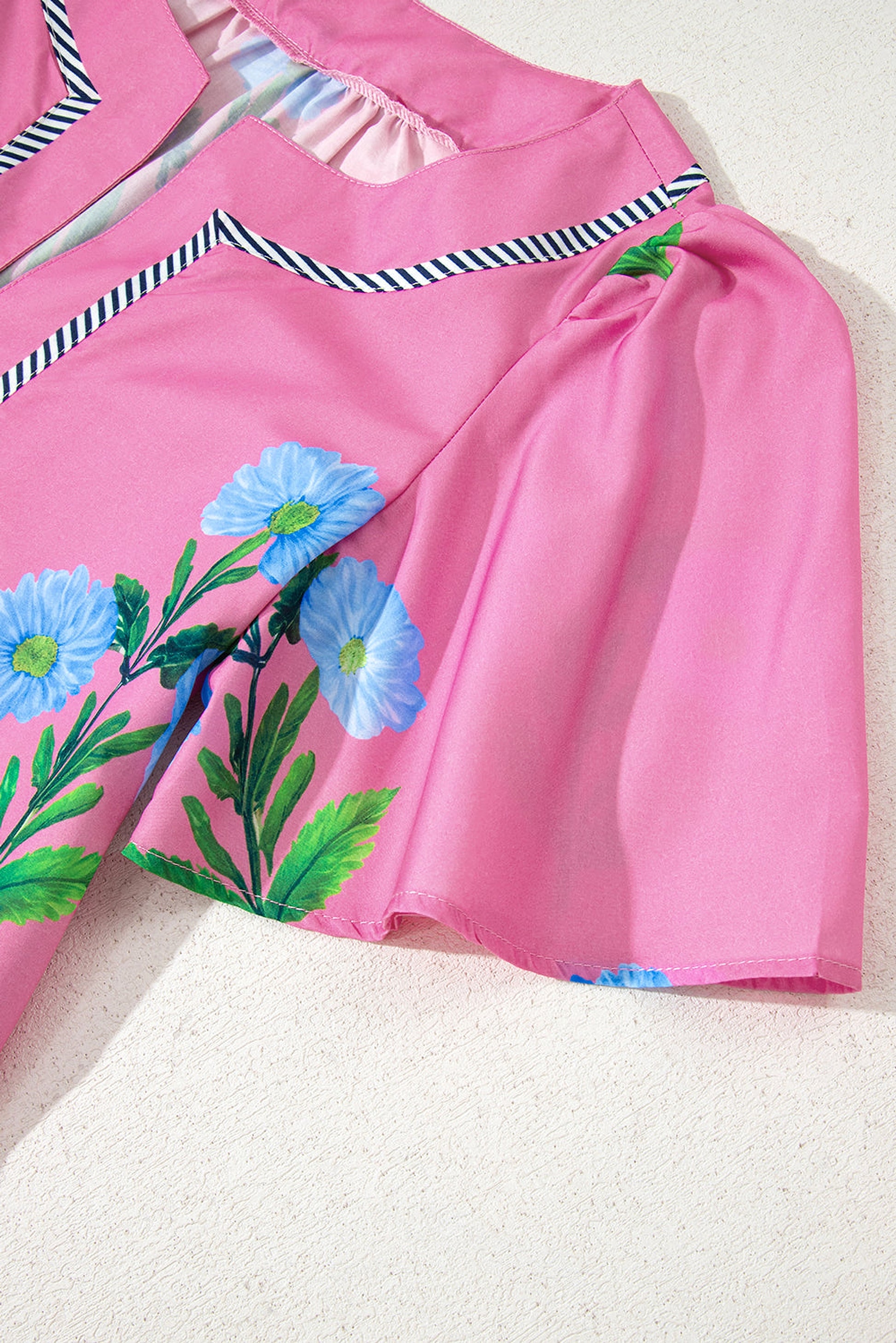 Rose Floral Short Sleeve Split Neck Loose Mini Dress - enhanced image 9