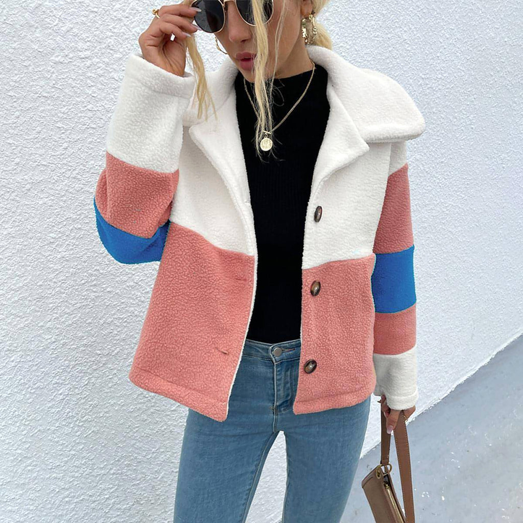Shiny Color Block Button Down Collared Jacket - enhanced image 9