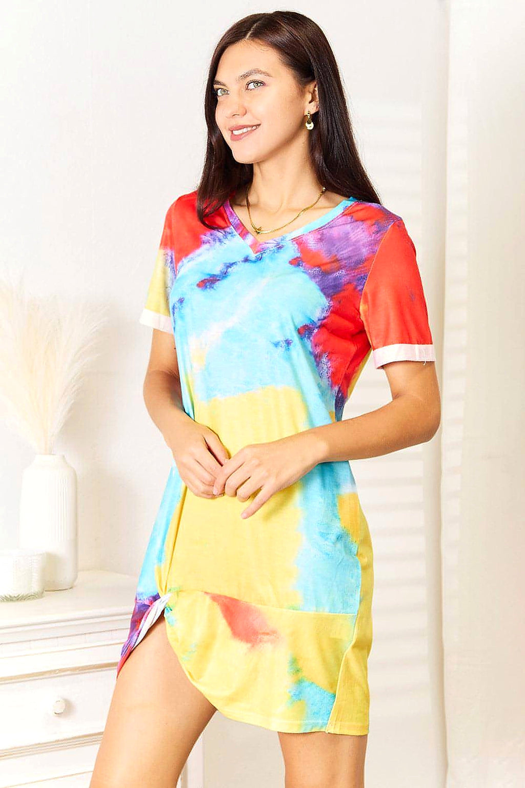 Shiny Tie-Dye V-Neck Twisted Dress - enhanced image 9