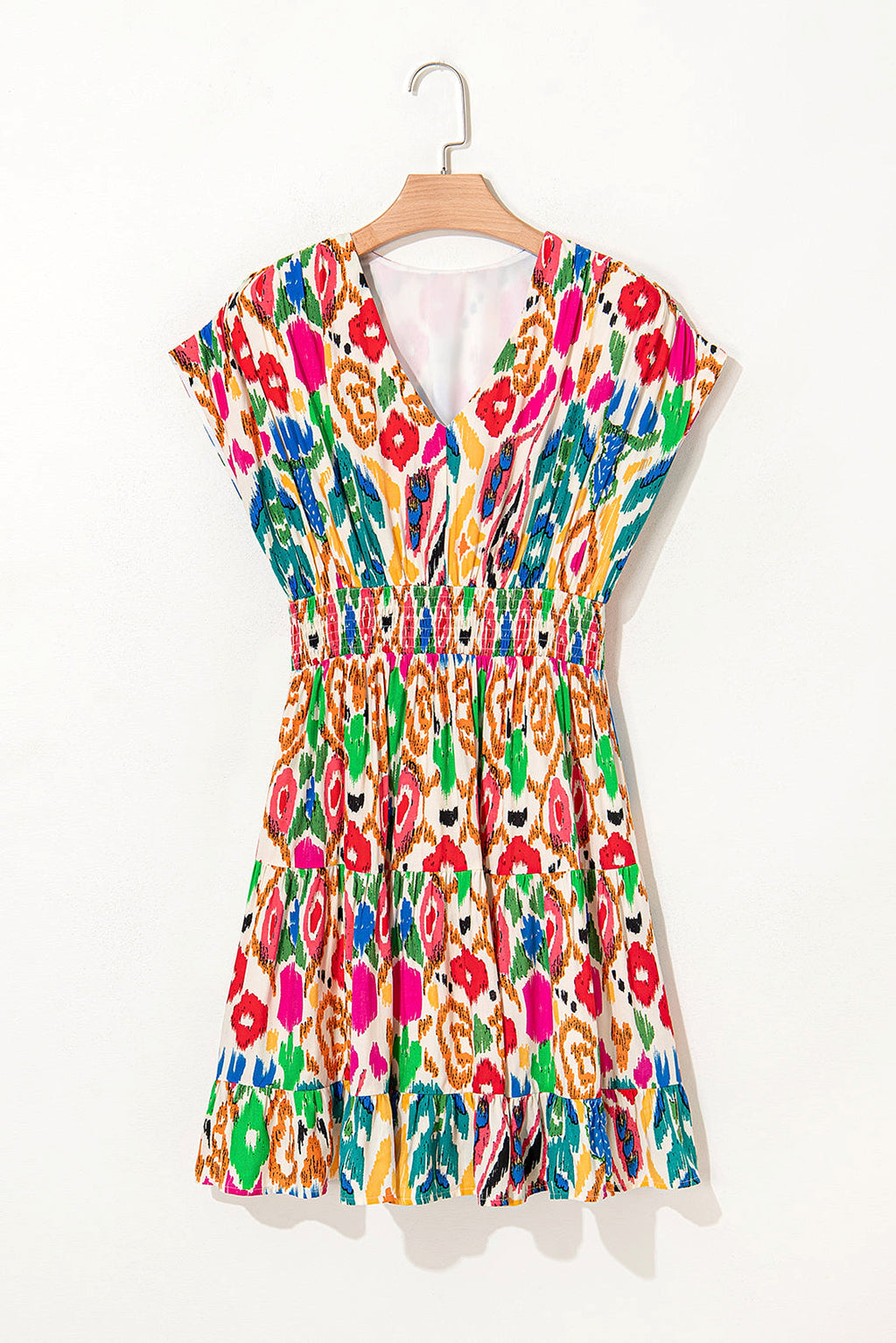 Sky Blue Abstract Print V Neck Dolman Sleeve Ruffle Tiered Mini Dress - enhanced image 9