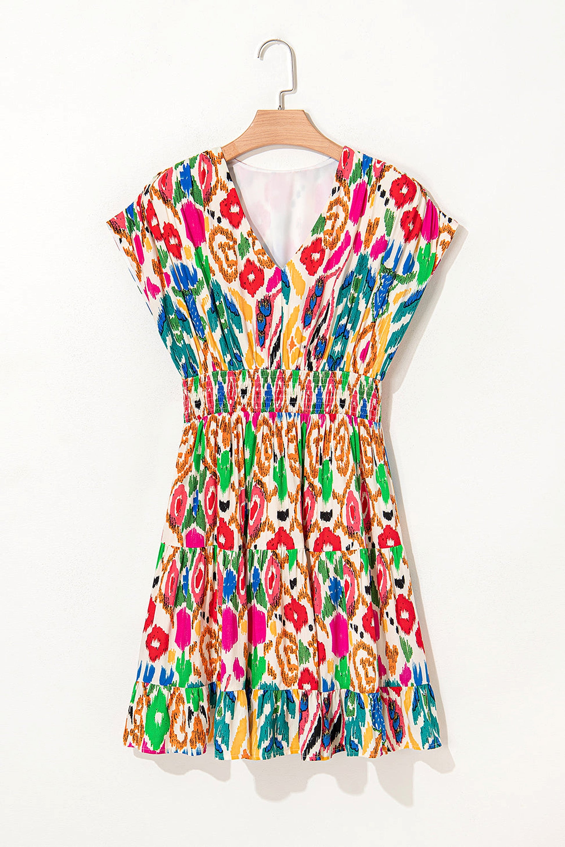 Sky Blue Abstract Print V Neck Dolman Sleeve Ruffle Tiered Mini Dress - enhanced image 9