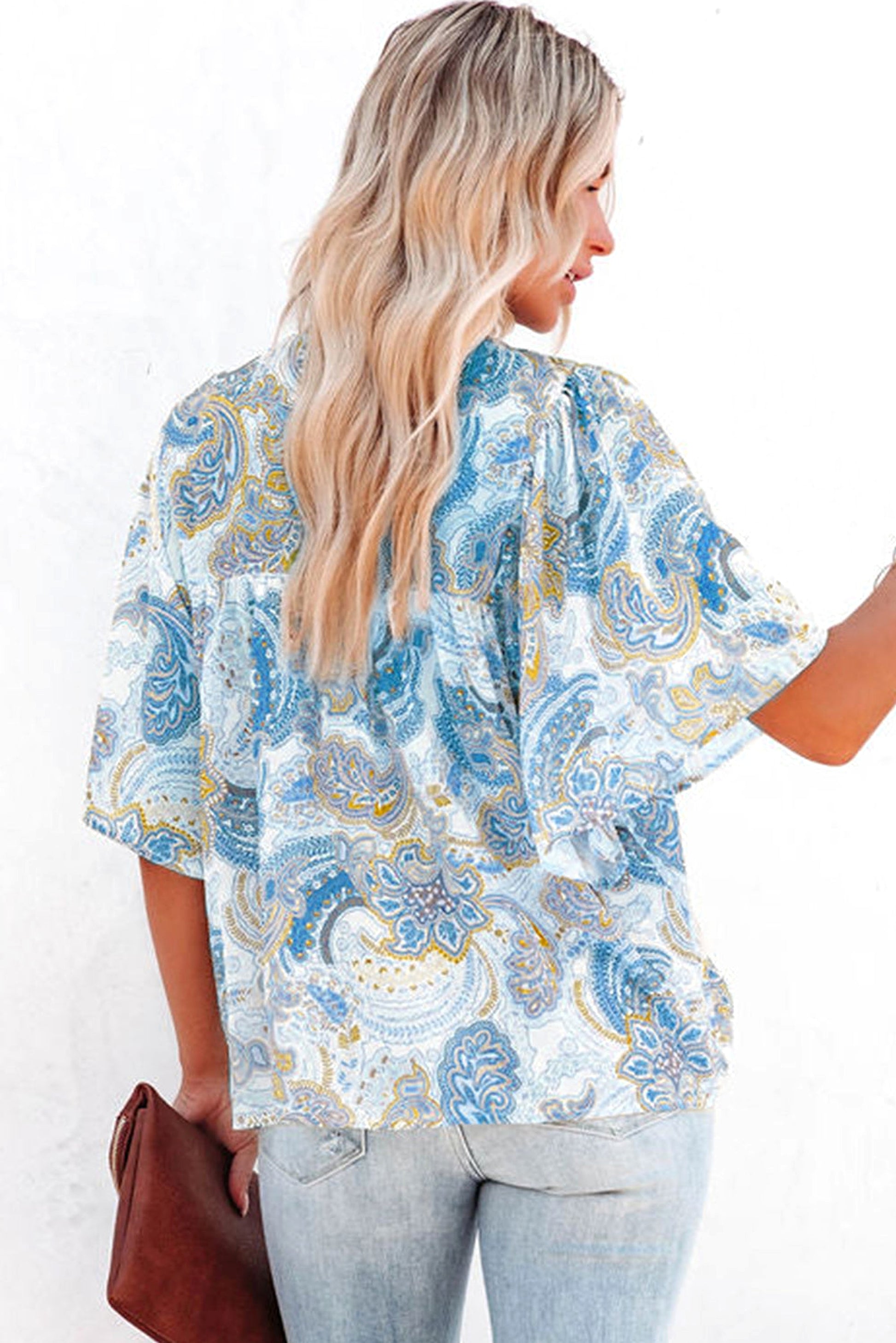 Sky Blue Paisley Print Wide Sleeves Loose Blouse - enhanced image 9