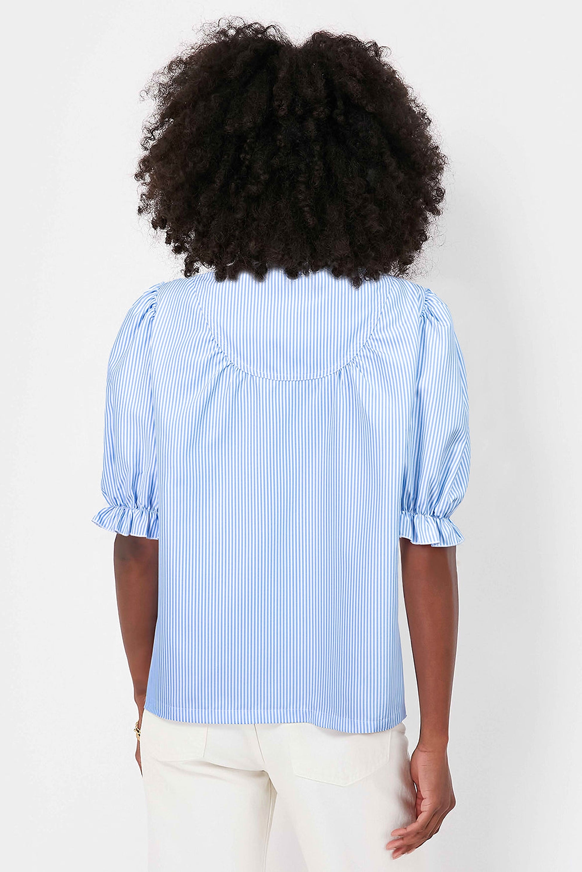 Sky Blue Stripe Ruffled Collar Puff Sleeve Half Buttons Blouse - enhanced image 9