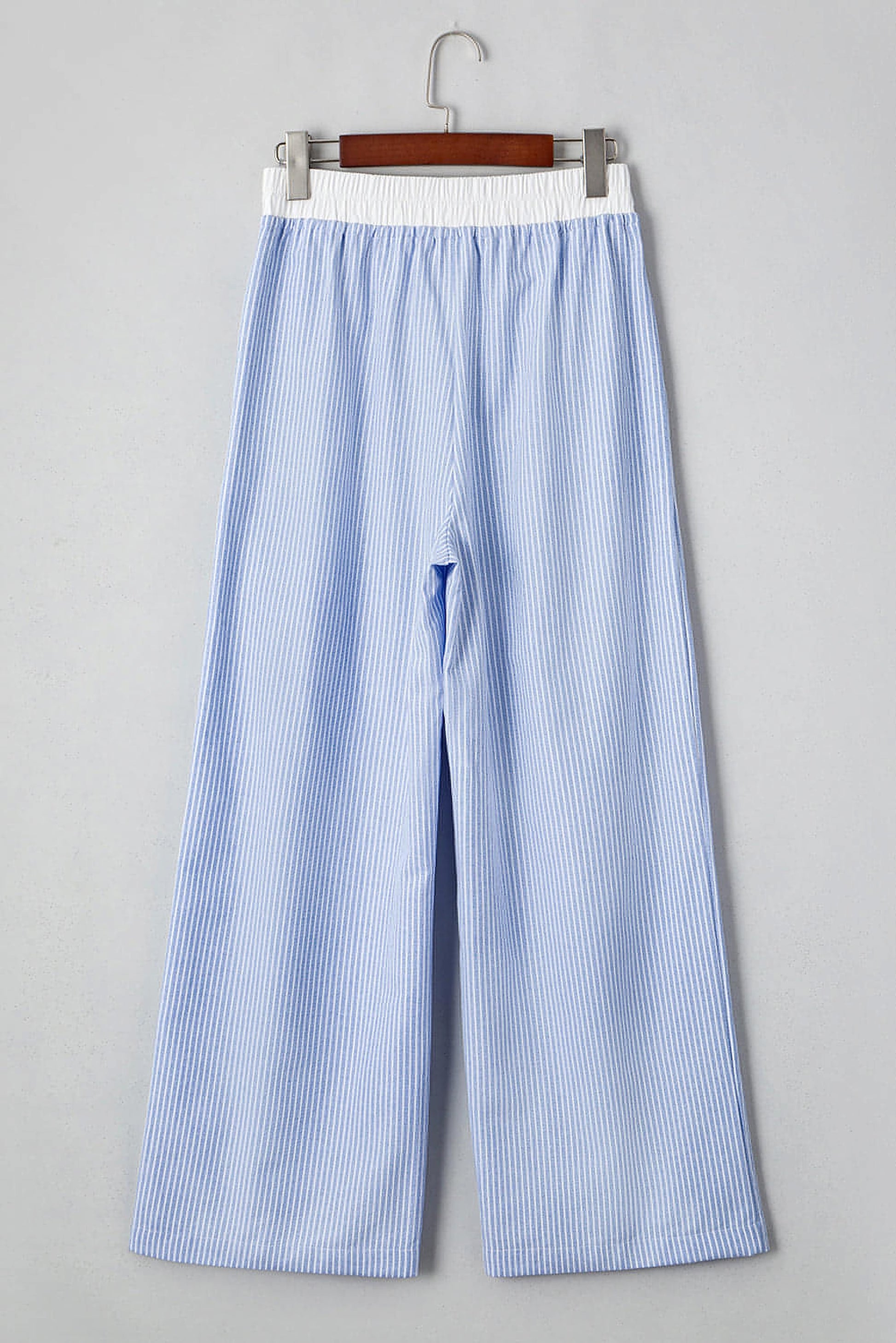 Sky Blue Stripe Wide Leg Buttoned Lace up Elastic High Waist Pants - enhanced image 9