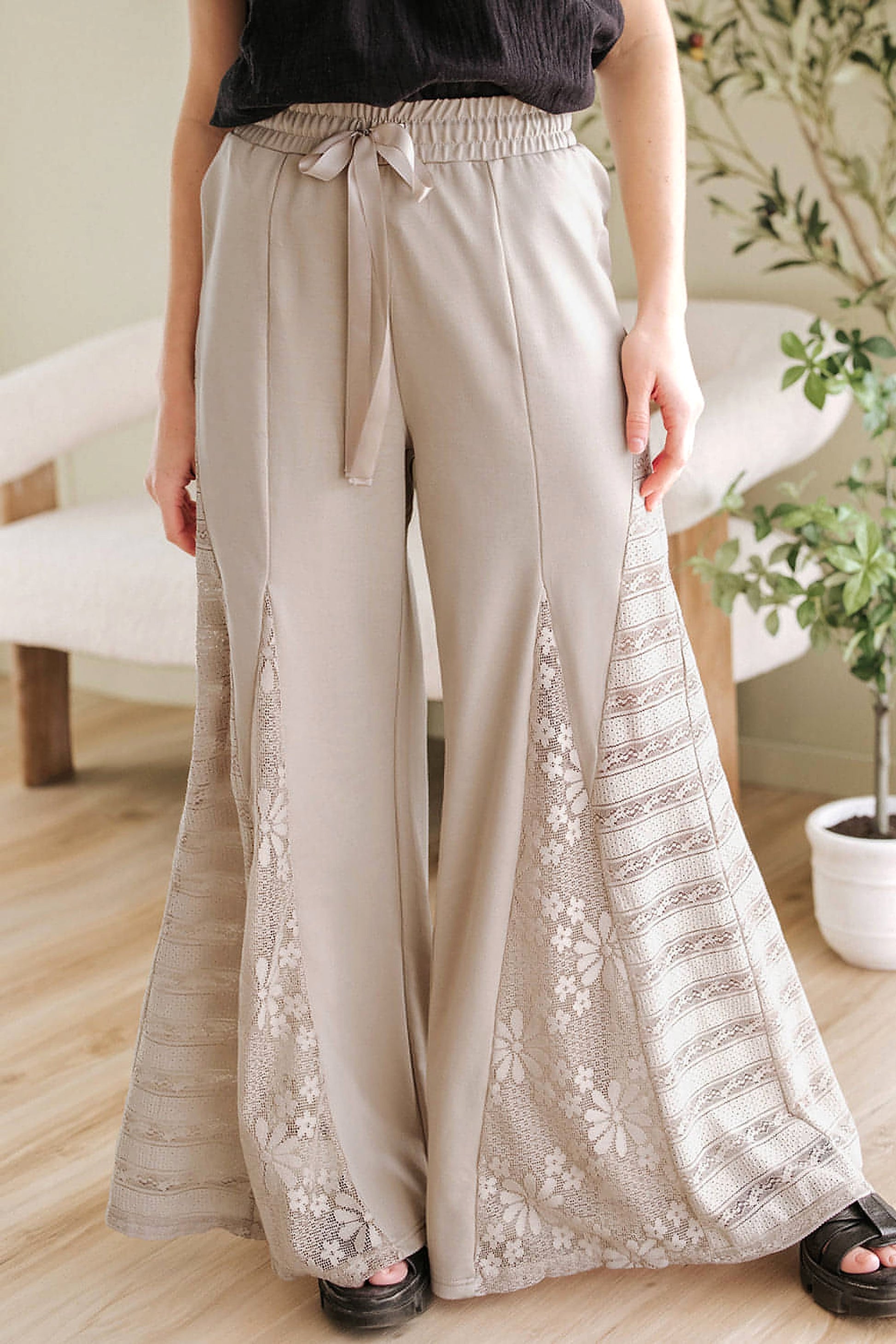 Smoke Gray Boho Lace Patchwork Wide Leg High Waist Pants - enhanced image 9