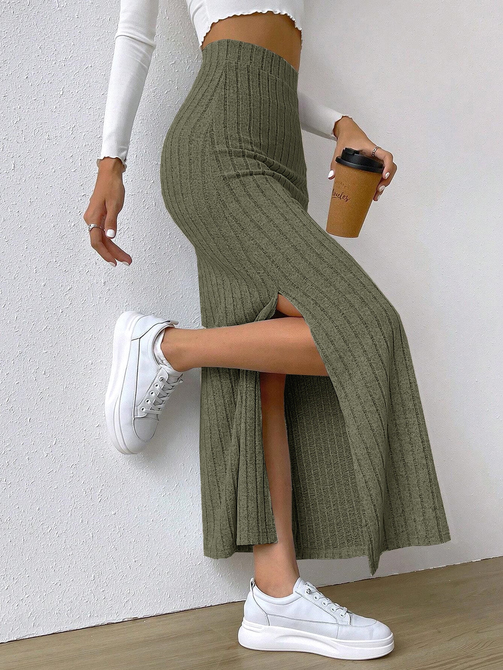 Spring Long Skirt High Waist Side Slit Slim Fit Knitted Women's Dress - enhanced image 9