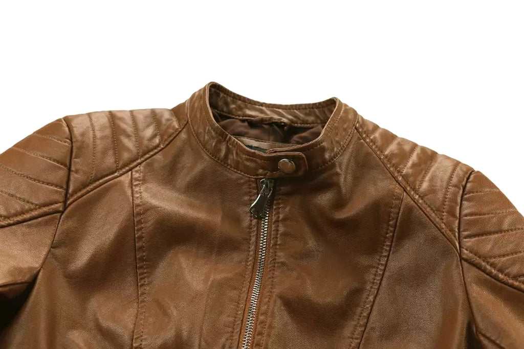 Standing Collar Motorcycle Pu Slim Leather Jacket Women Short - enhanced image 9