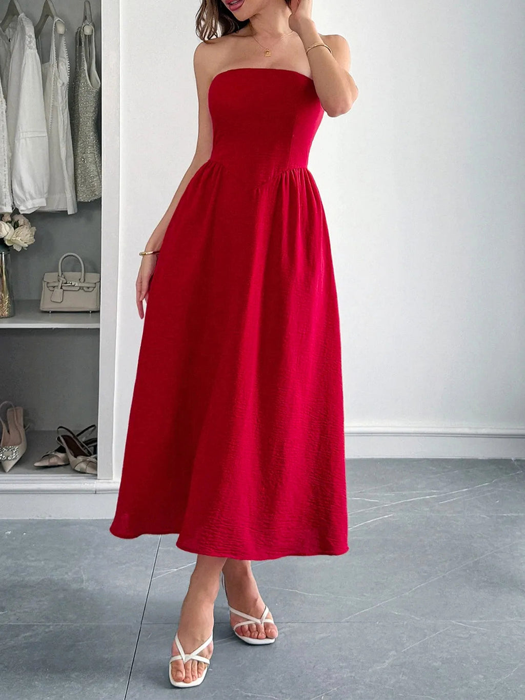 Strapless A-Line Midi Dress with Pockets - enhanced image 9