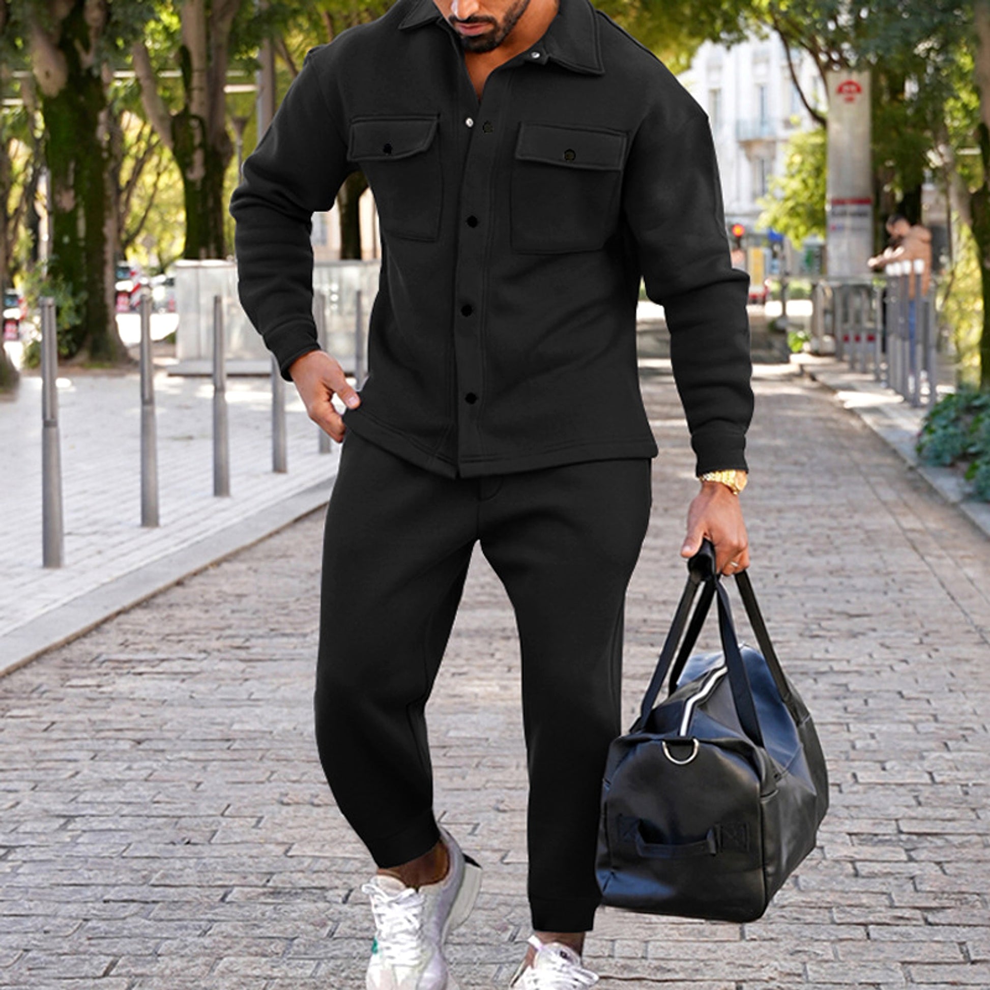 A Suede Single-breasted Solid Color Slim Fit Two-piece Suit Men (Tracksuit) - enhanced image 9