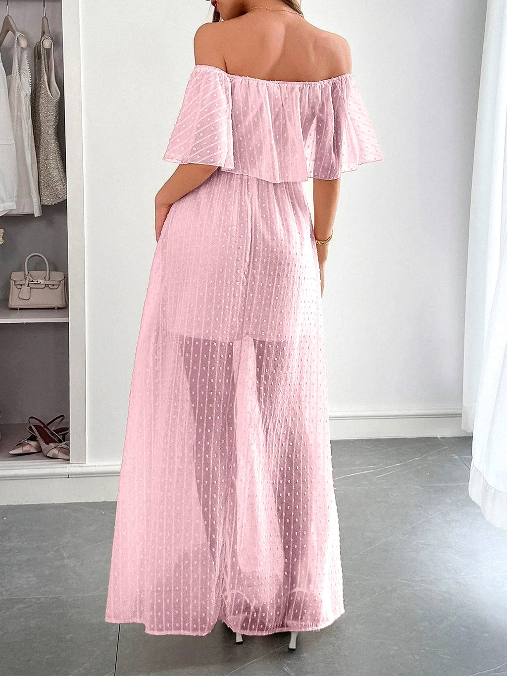 Swiss Dot Off Shoulder Maxi Dress - enhanced image 9